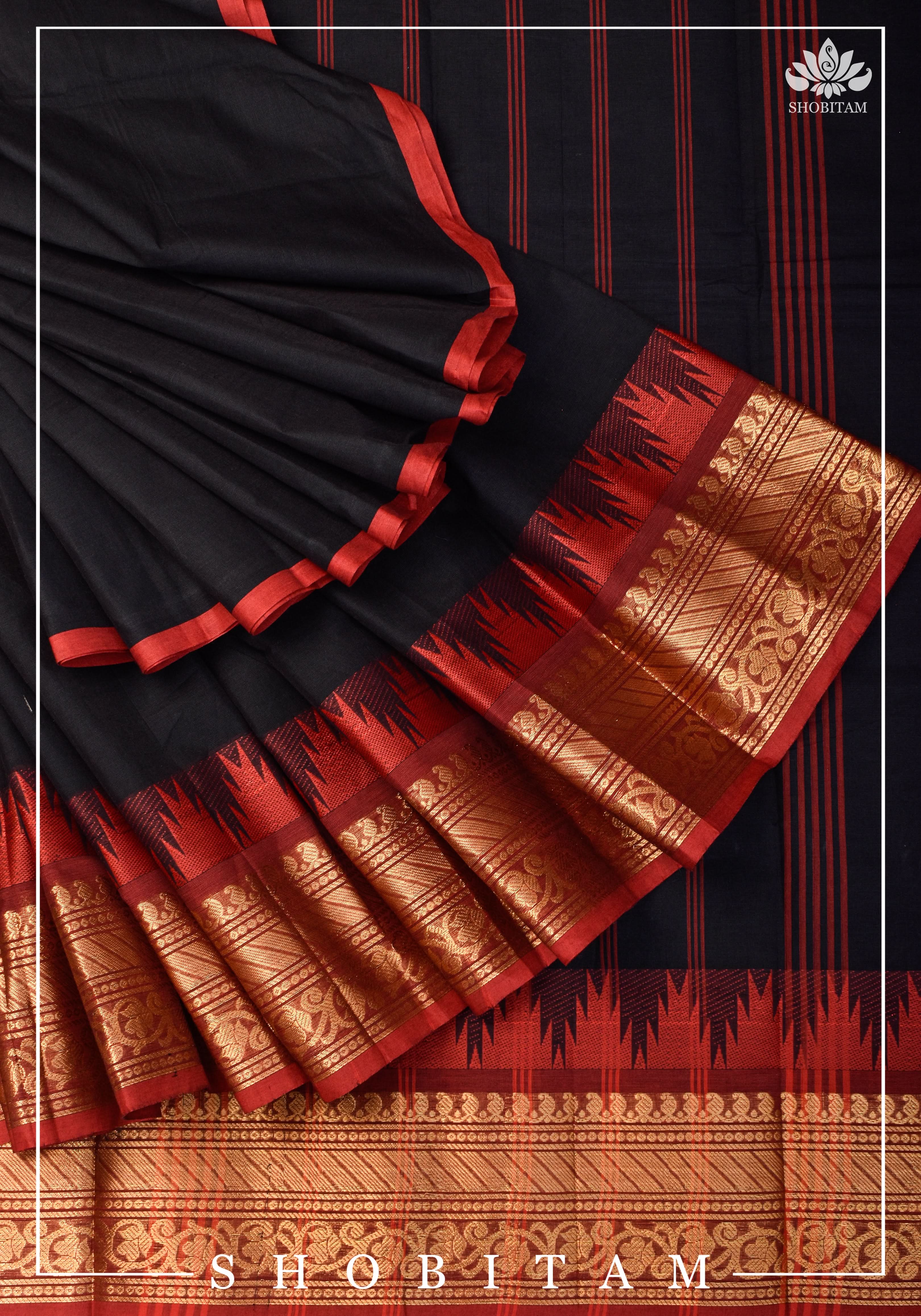 Black Chettinadu Cotton Saree with Temple Zari Borders | Shobitam