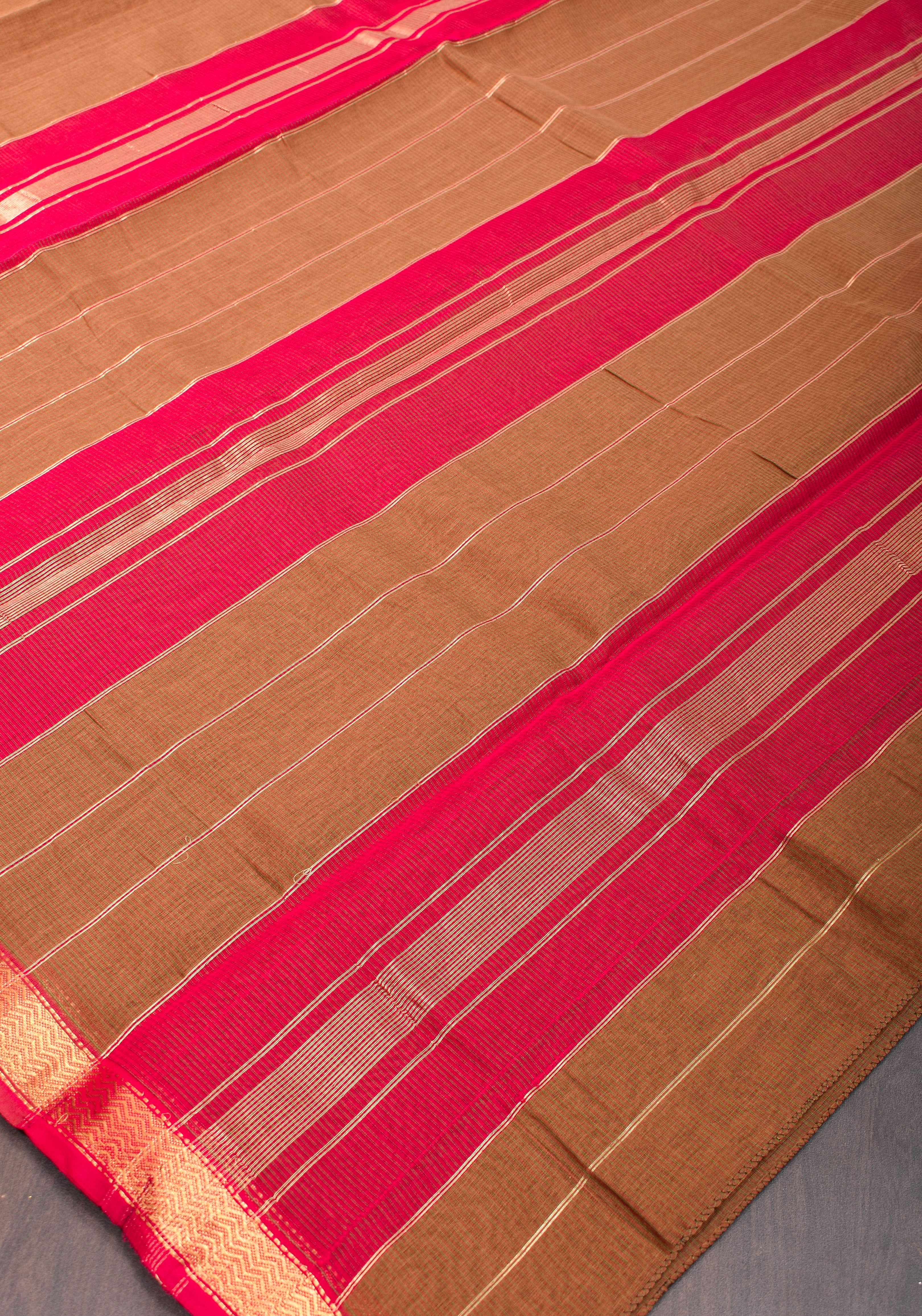 Handwoven Maheshwari Silk Cotton Saree in brown With Stripes & Minimal zari borders | Shobitam