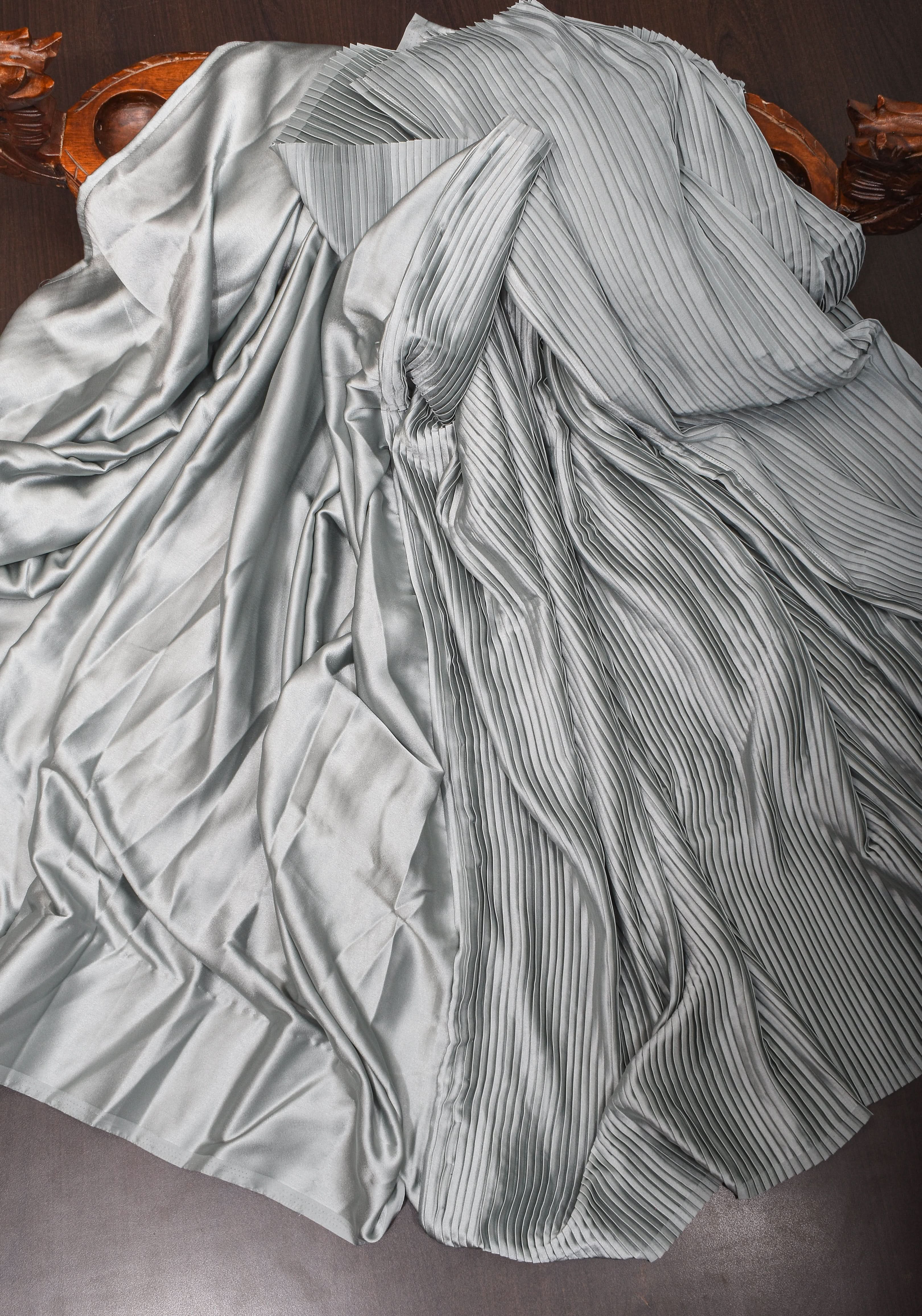Pleated Satin Half and Half Saree in Silver Gray ,No Blouse Piece | Shobitam
