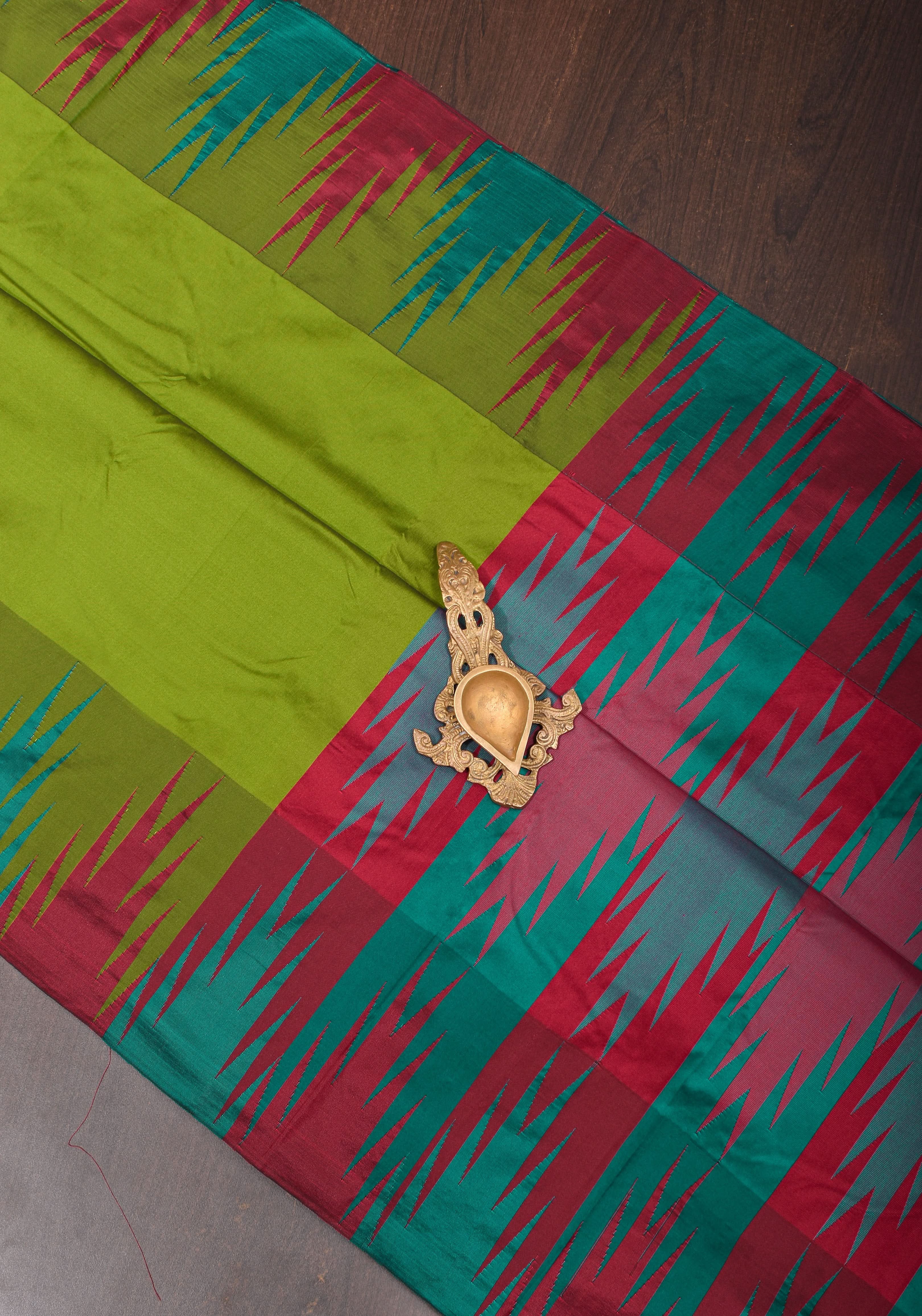 Sap Green Tone and Two Color Temple Border on Art Silk Saree With Double color Indian kotki design Pallu | Shobitam