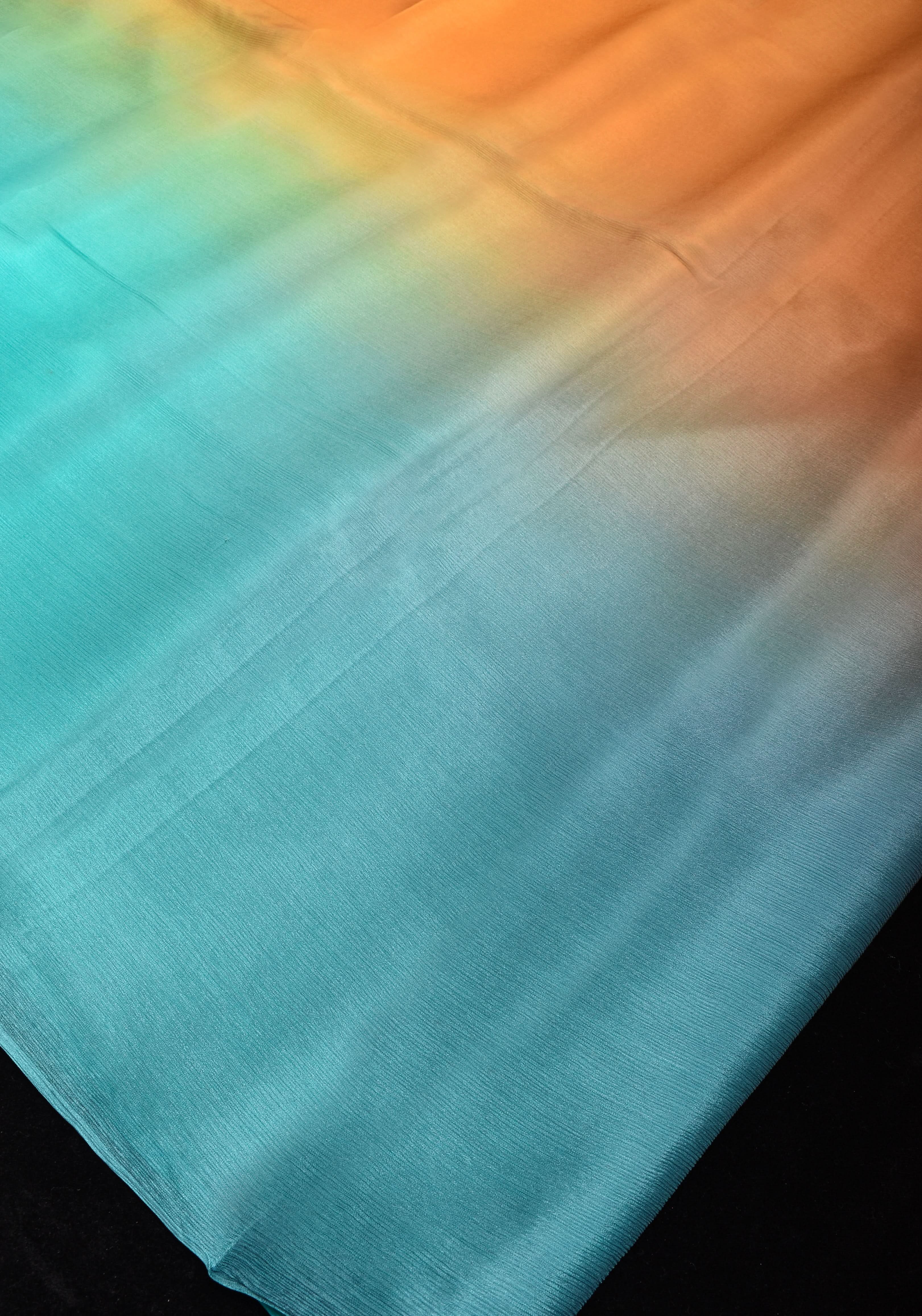 Ochre and Cyan Bollywood style ombré pure chiffon saree , No Blouse Piece | Shobitam