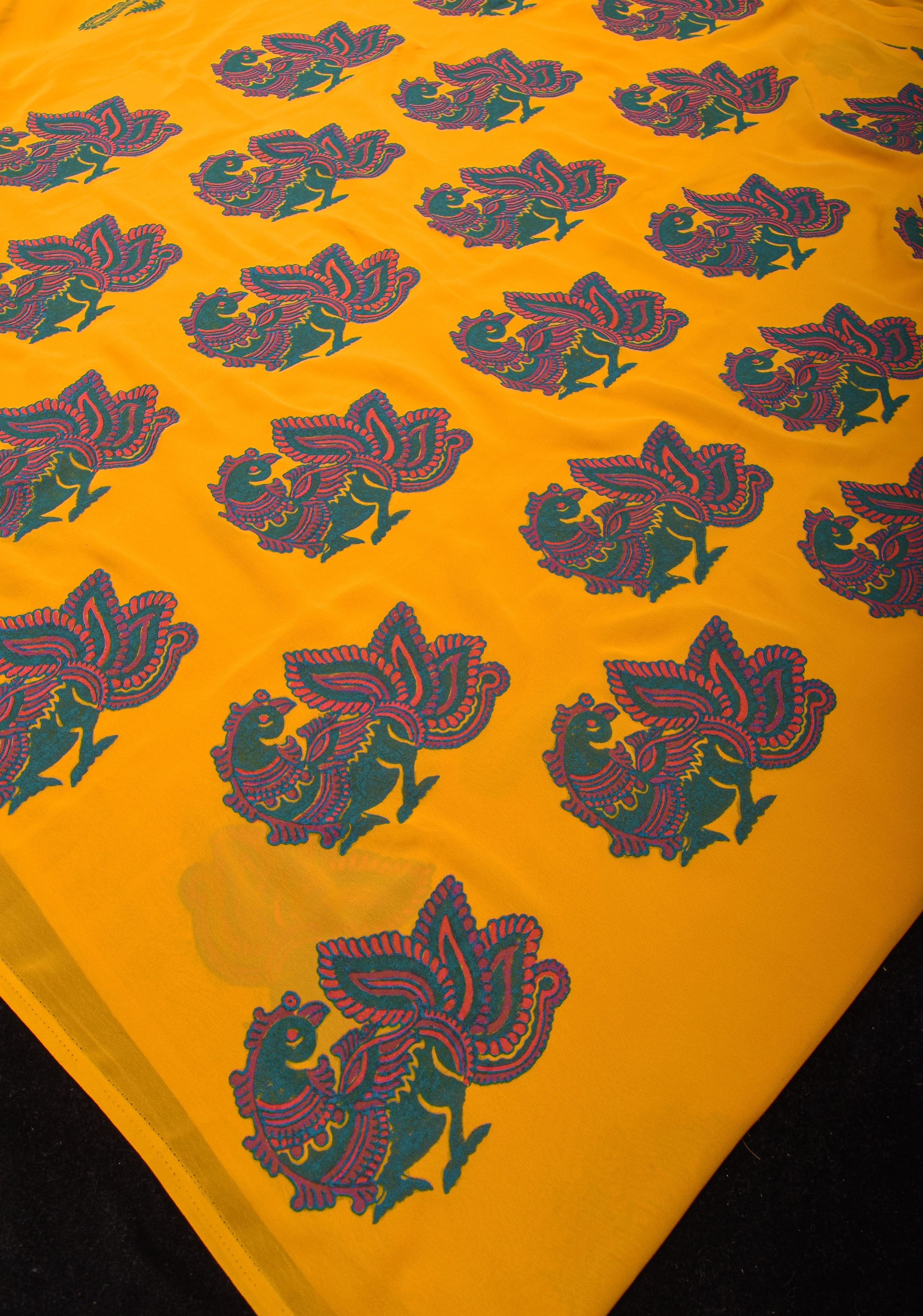 Mustard Georgette Saree with Sanganeri Hand Block Peacock and paisley Prints | Shobitam