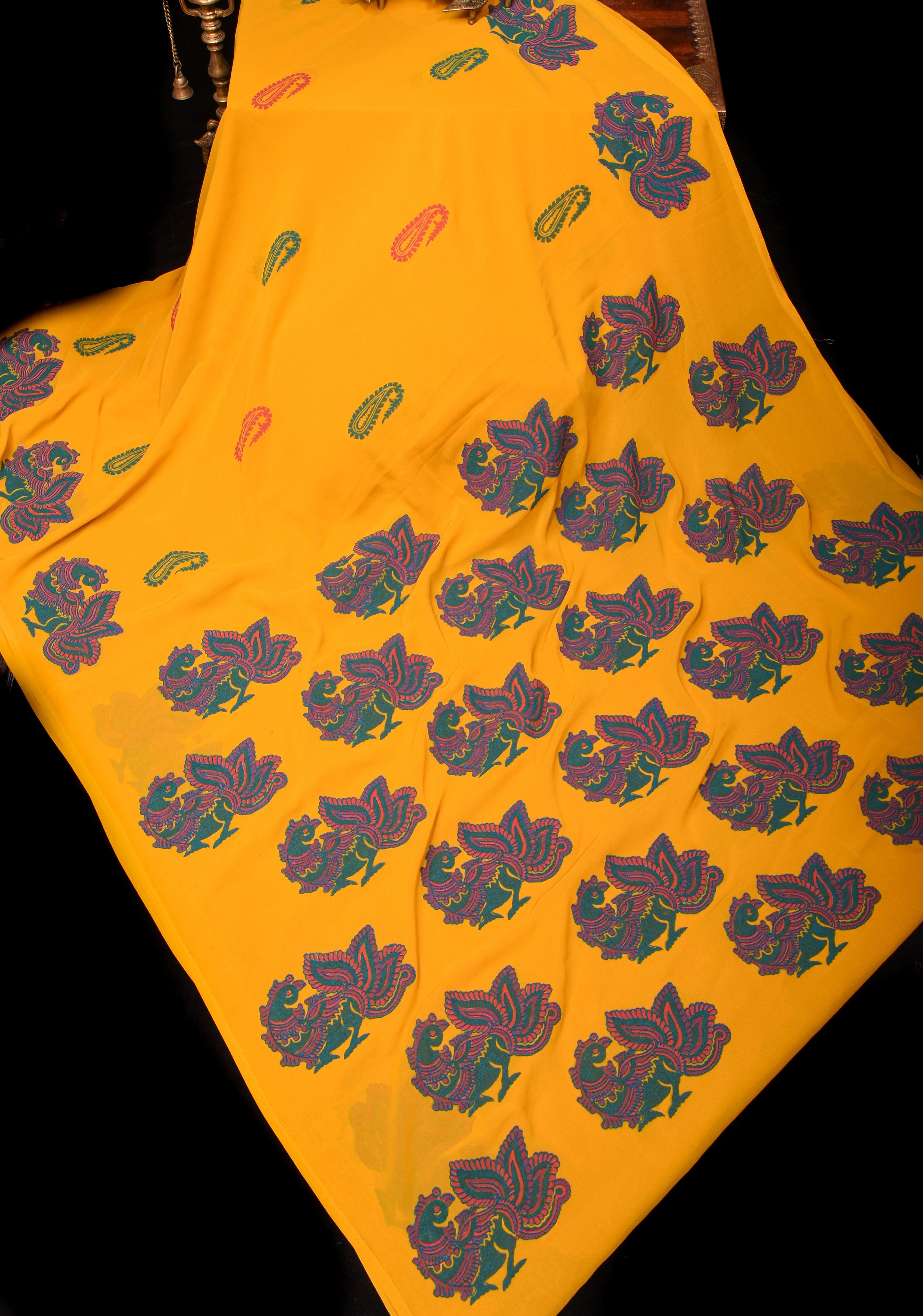 Mustard Georgette Saree with Sanganeri Hand Block Peacock and paisley Prints | Shobitam