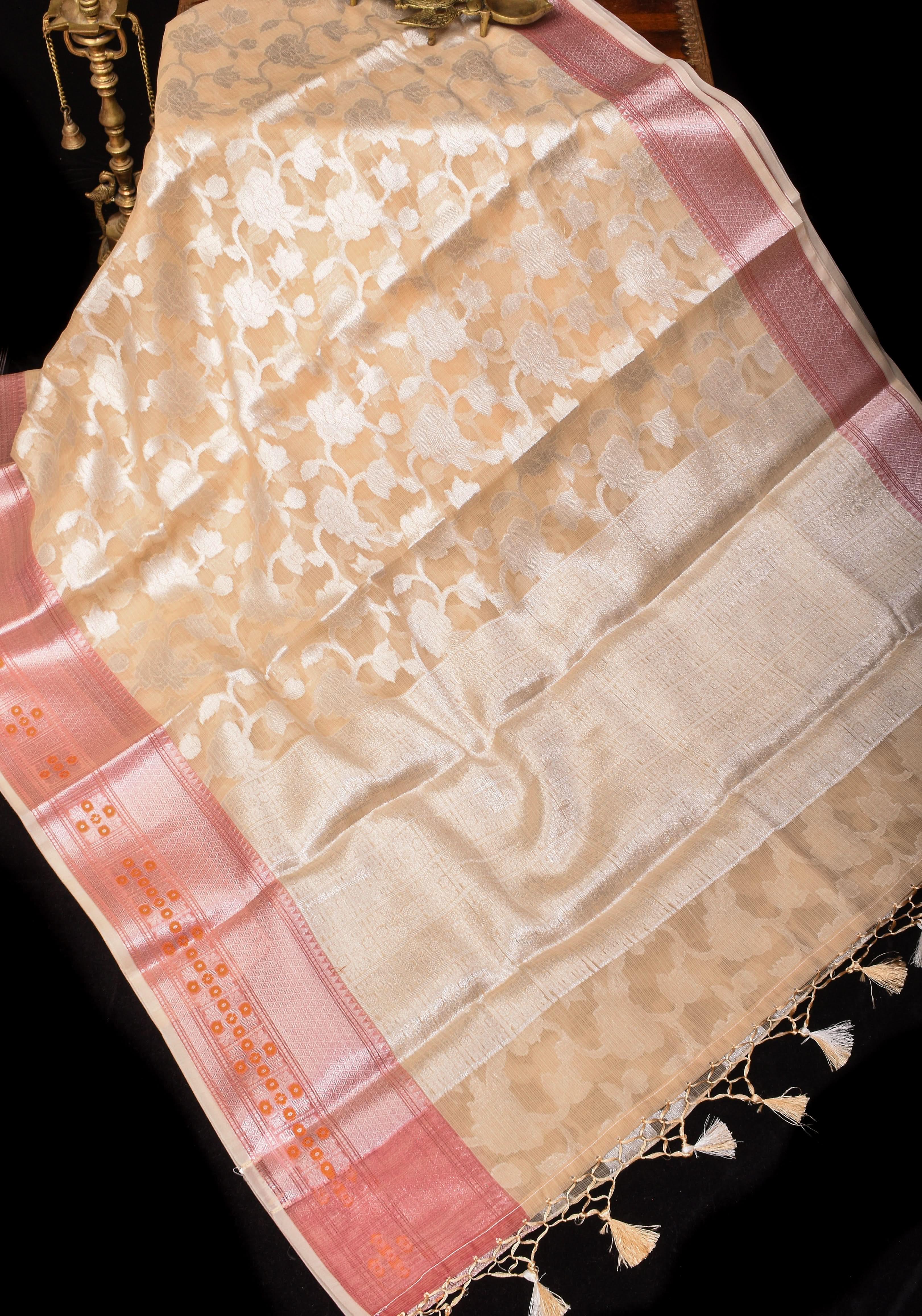Unique Banarasi Meenakari Semi Kora Silk Saree in Beige with Silver Tone Zari & Floral Jaal | Shobitam