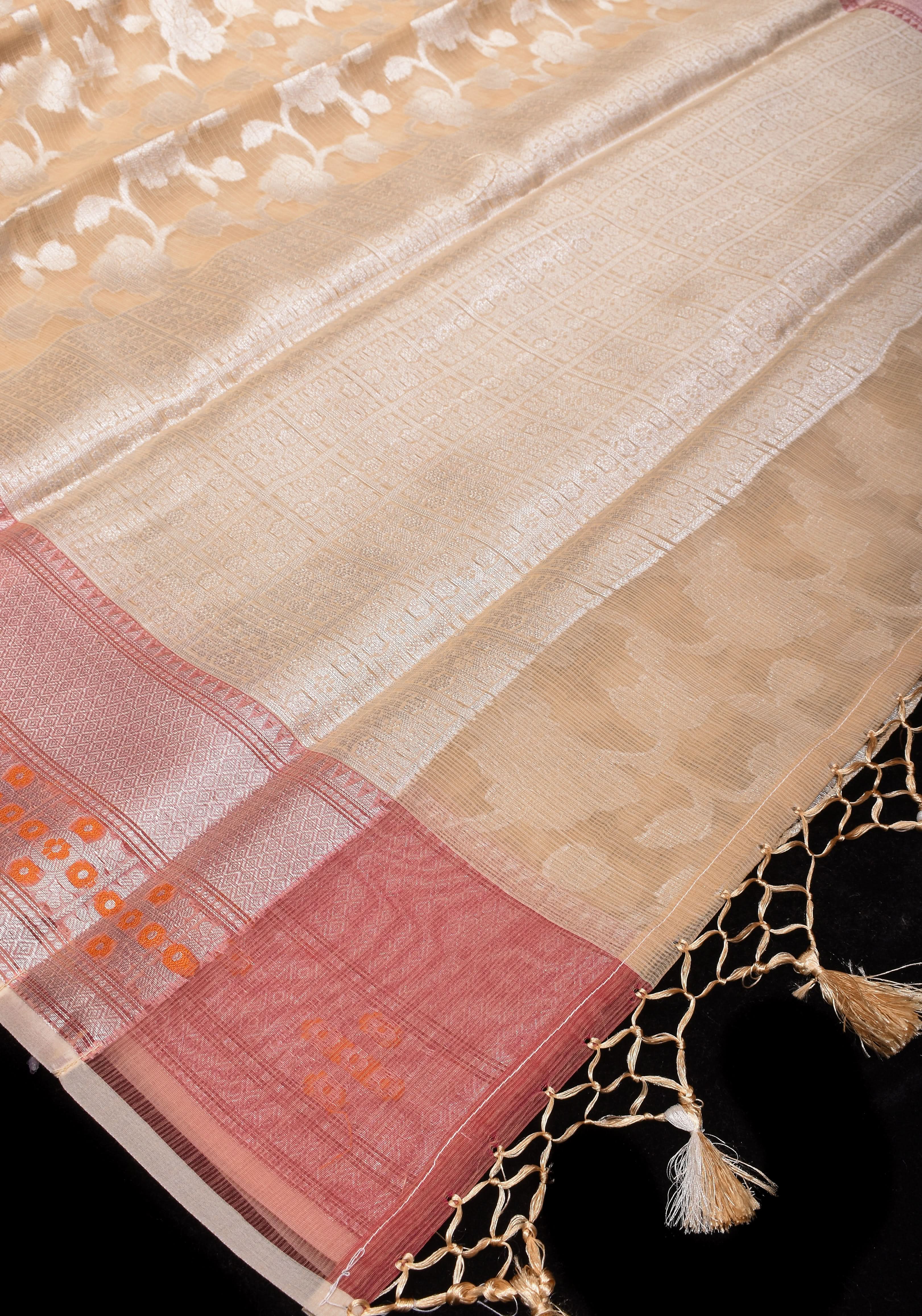 Unique Banarasi Meenakari Semi Kora Silk Saree in Beige with Silver Tone Zari & Floral Jaal | Shobitam