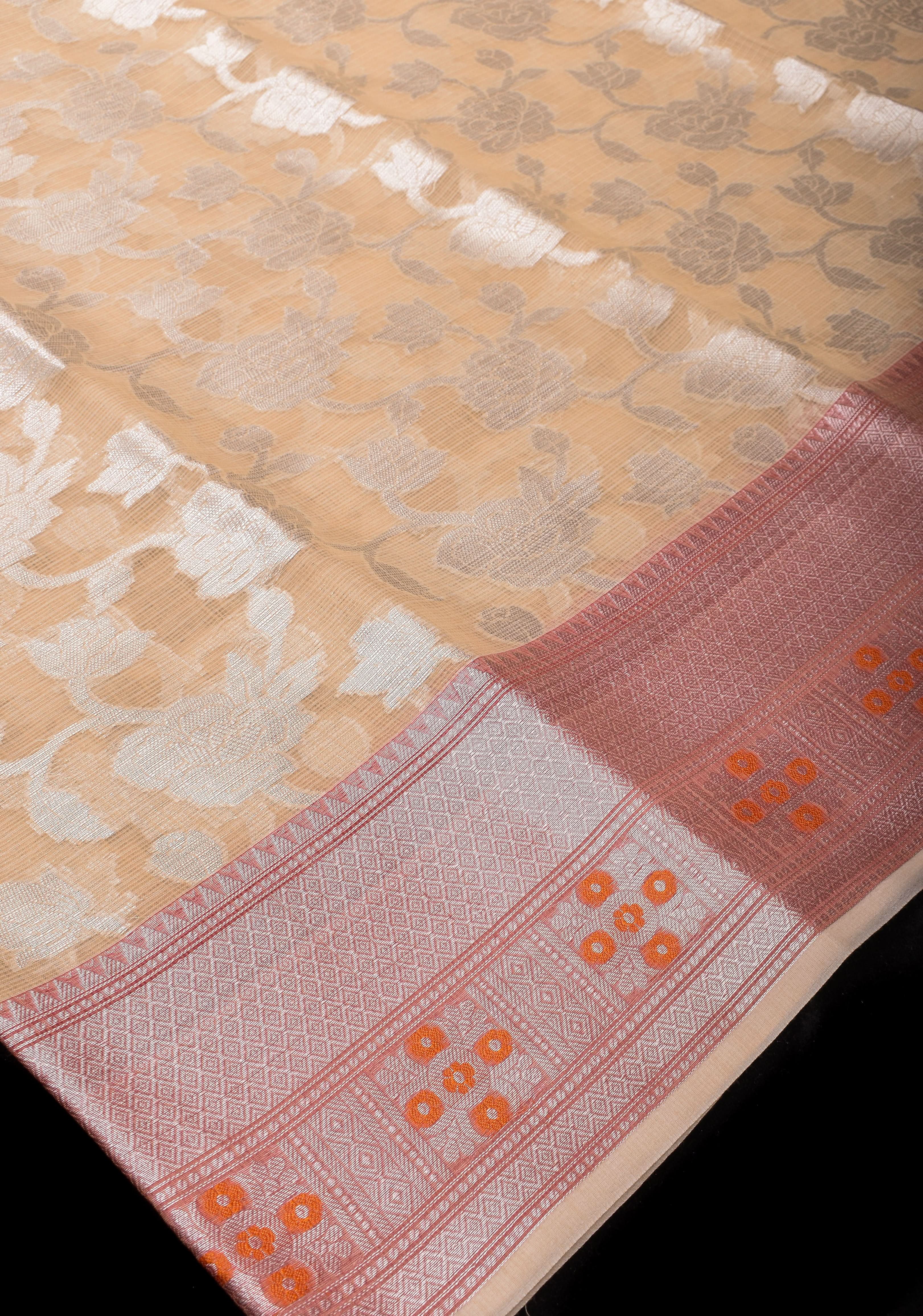 Unique Banarasi Meenakari Semi Kora Silk Saree in Beige with Silver Tone Zari & Floral Jaal | Shobitam
