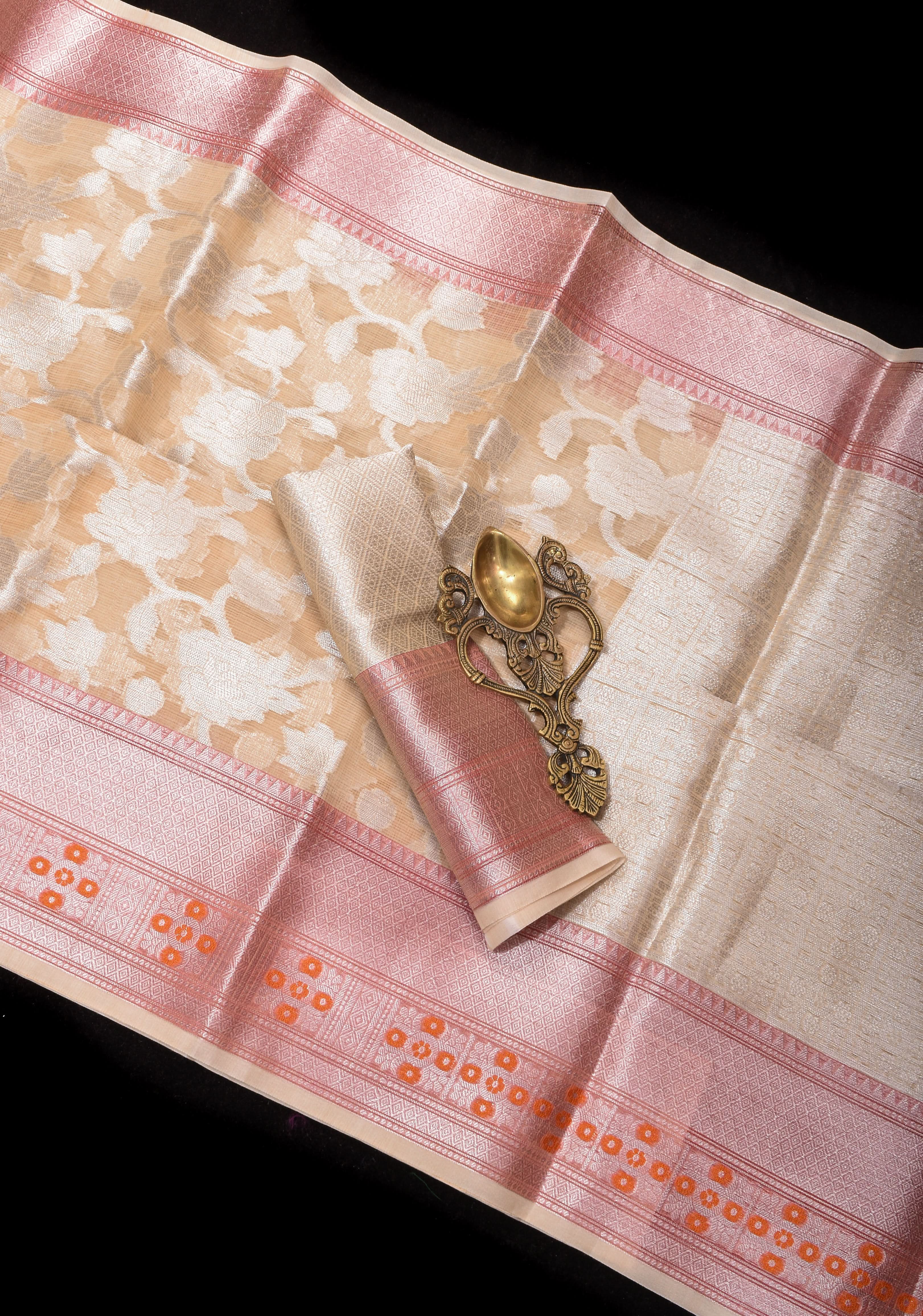 Unique Banarasi Meenakari Semi Kora Silk Saree in Beige with Silver Tone Zari & Floral Jaal | Shobitam