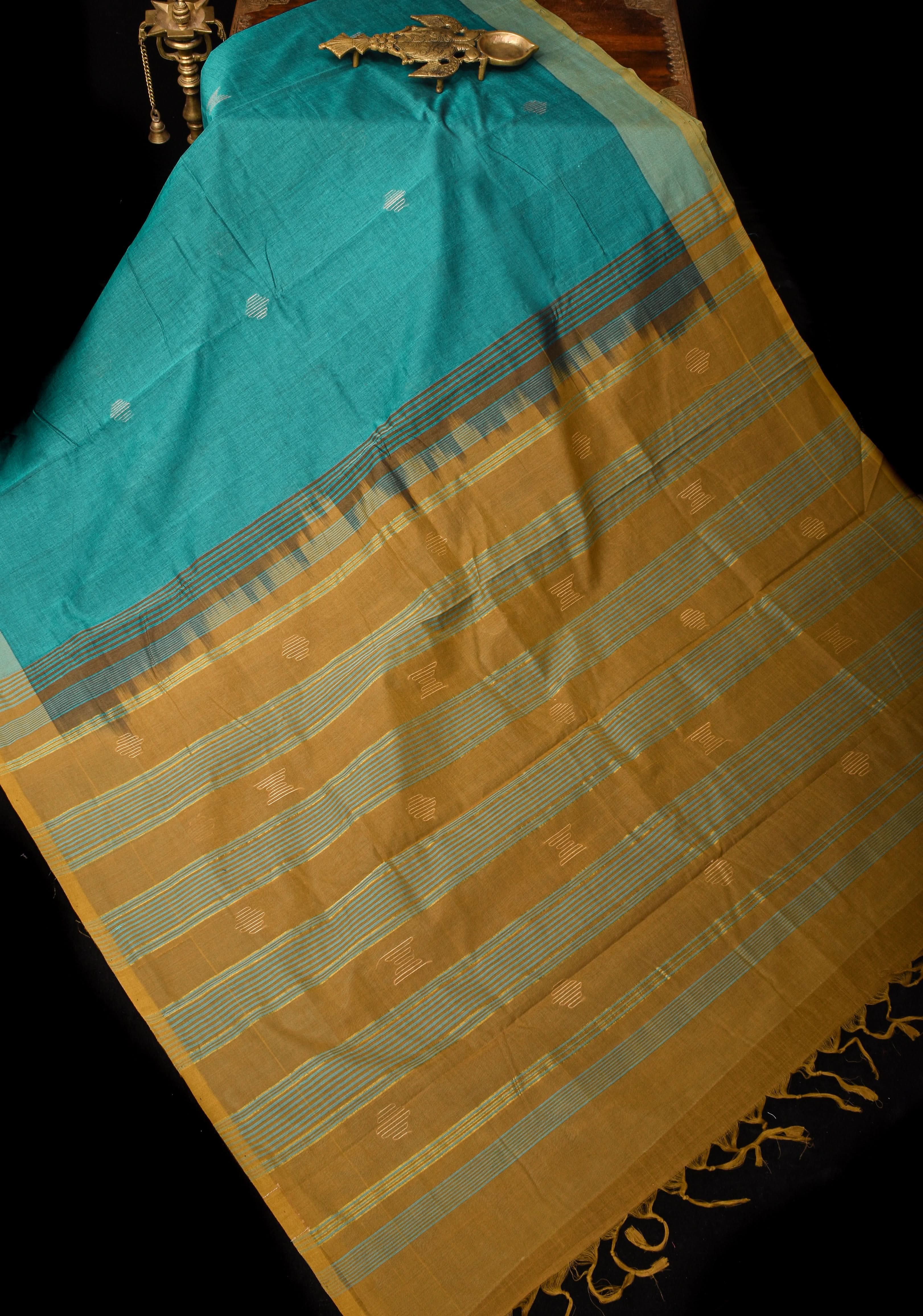 Aloe Vera - Kenaf Cotton Vegan Handloom Saree in Shades of Teal and Mustard Pallu | Shobitam