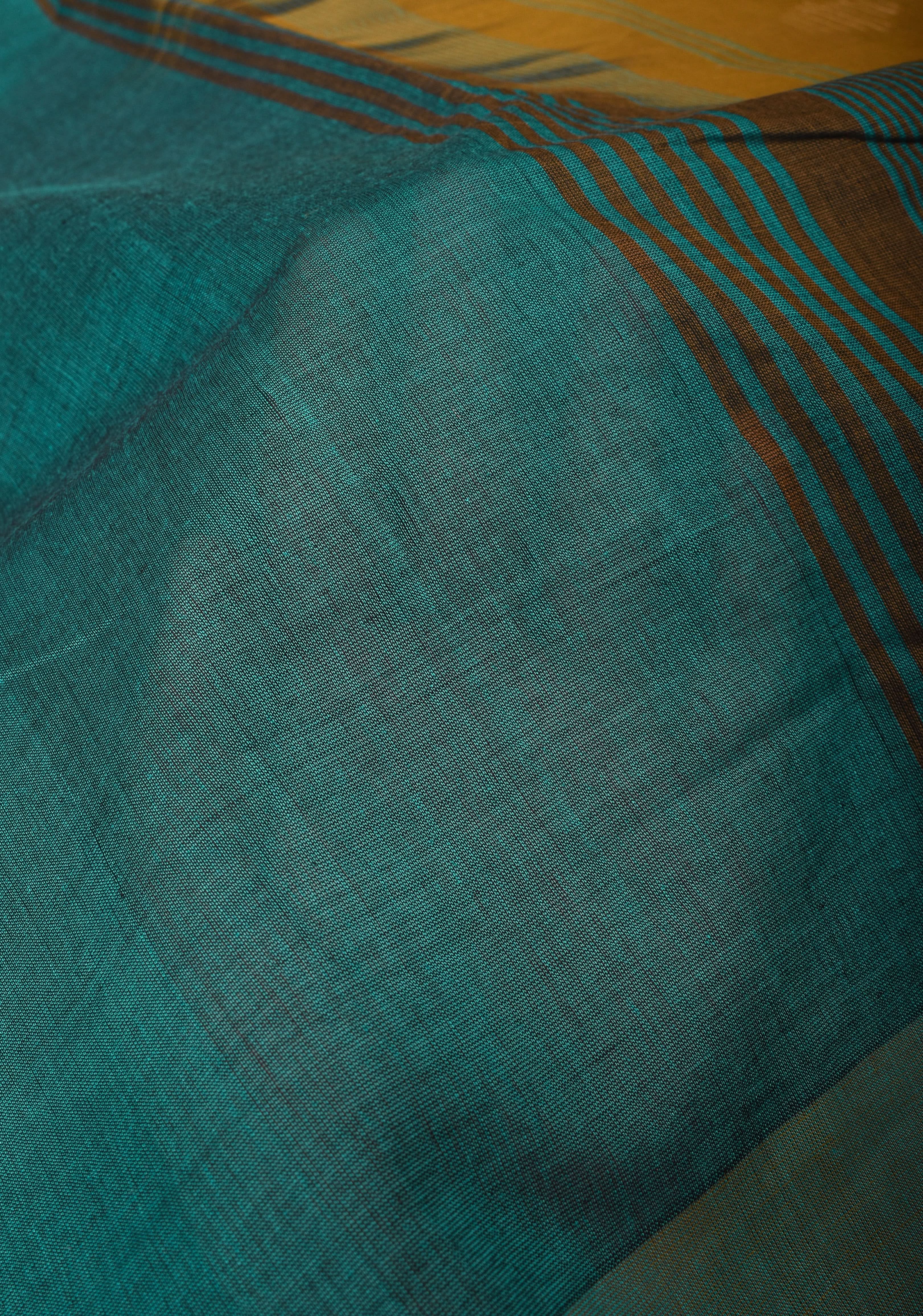 Aloe Vera - Kenaf Cotton Vegan Handloom Saree in Shades of Teal and Mustard Pallu | Shobitam