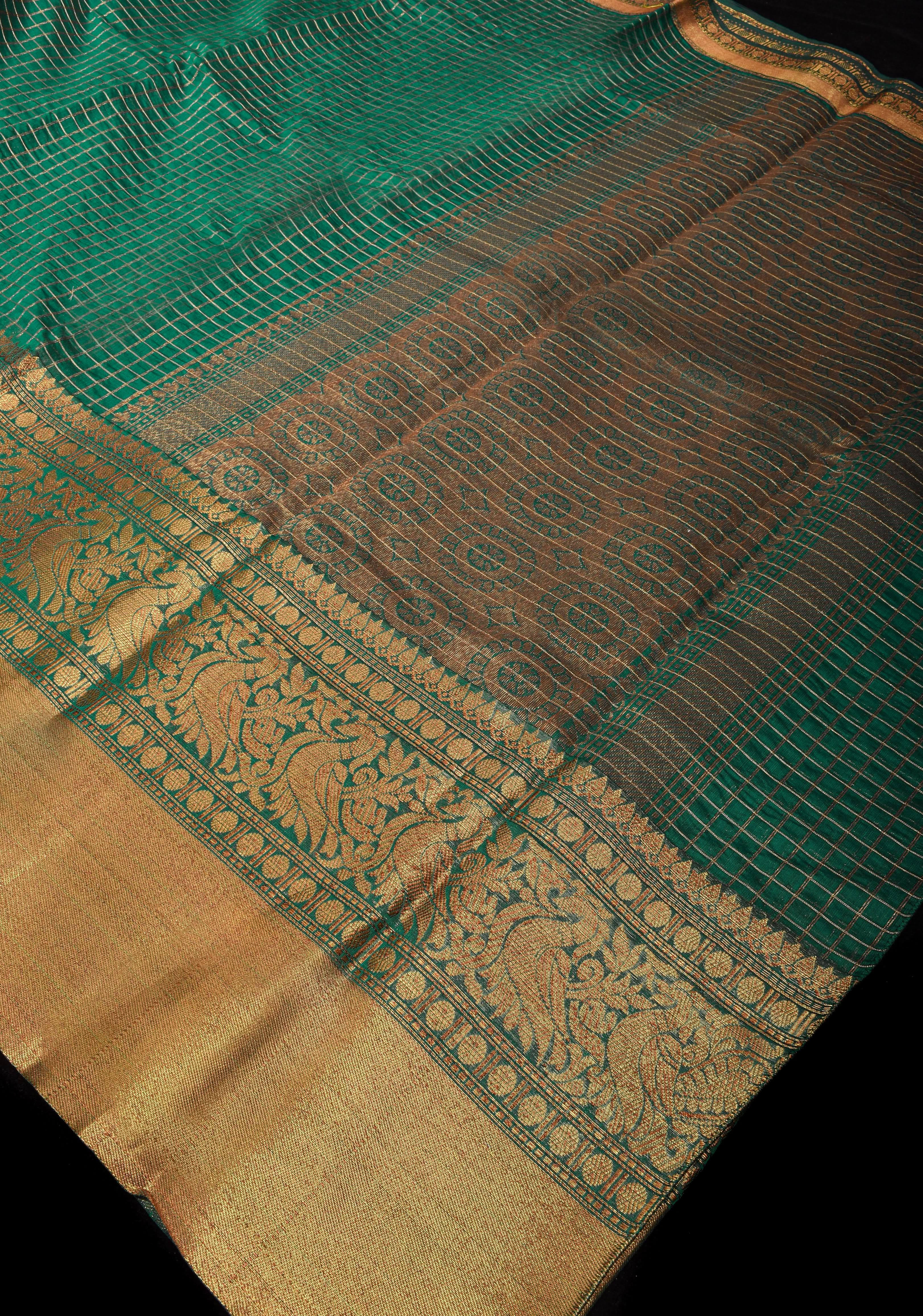 Blue Kanchi Kora Cotton Saree with Zari Checks and Wide Zari Border | Shobitam