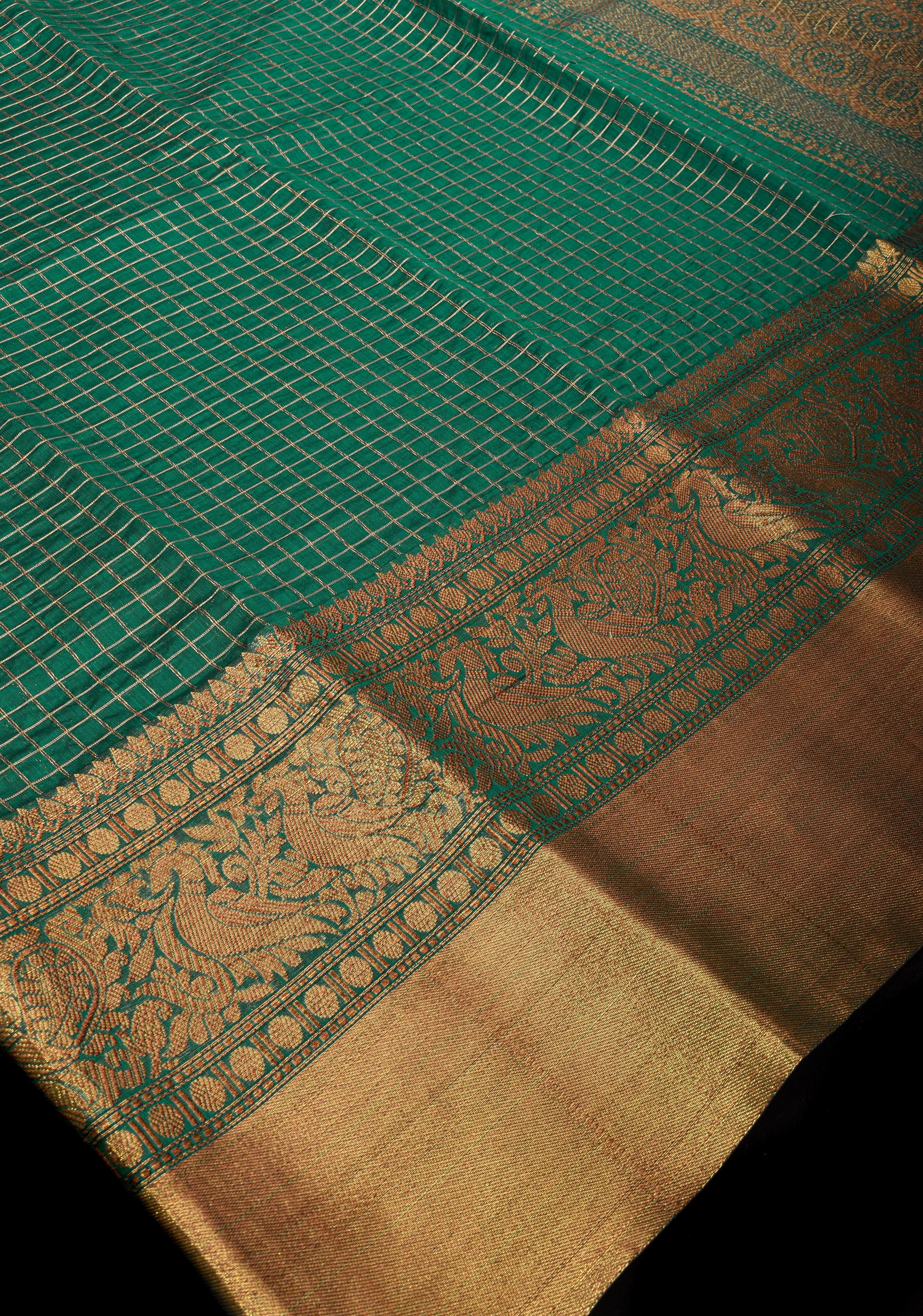 Blue Kanchi Kora Cotton Saree with Zari Checks and Wide Zari Border | Shobitam