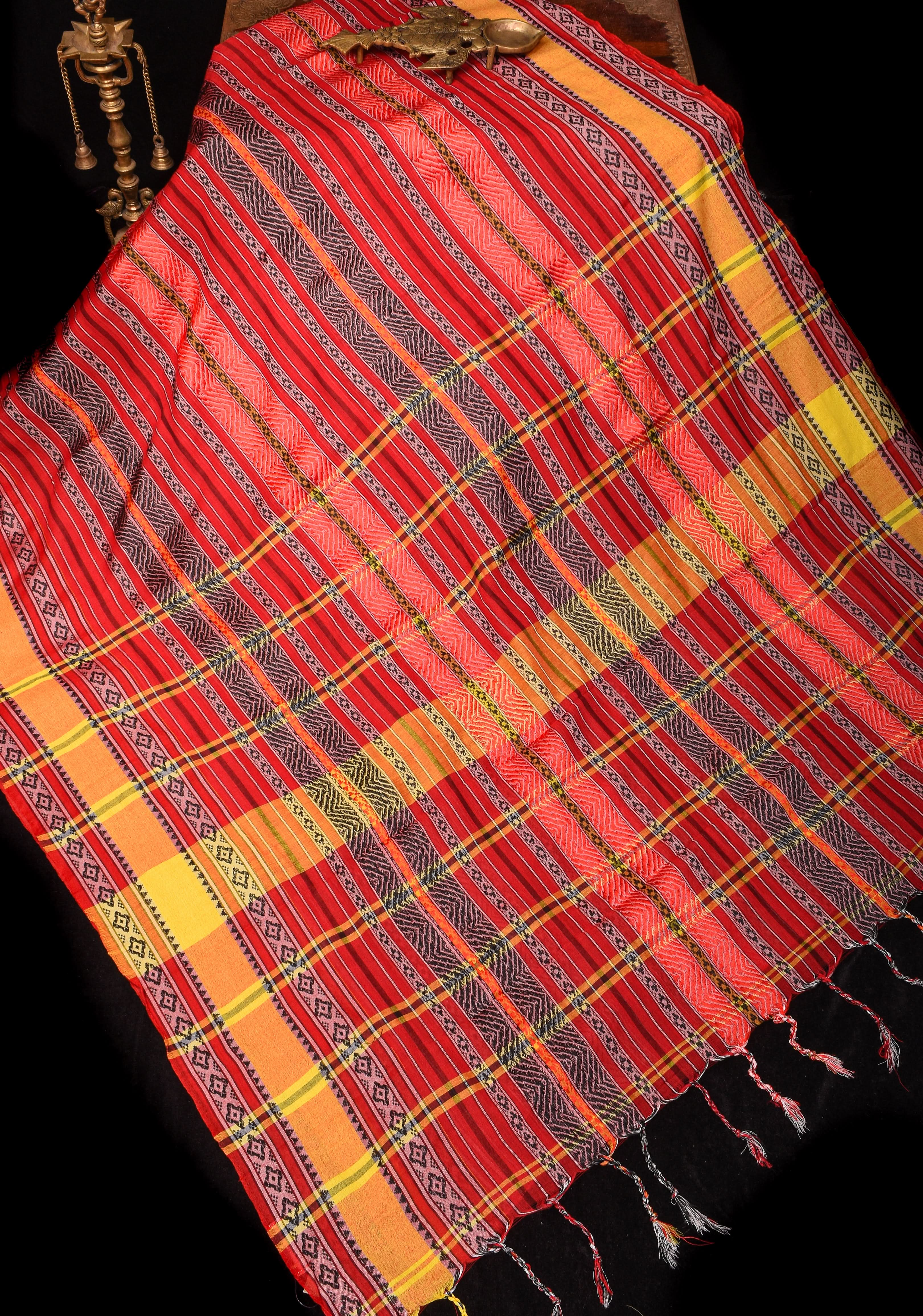 Red Bengal Cotton Saree with Multicolor weave stripes! | Shobitam