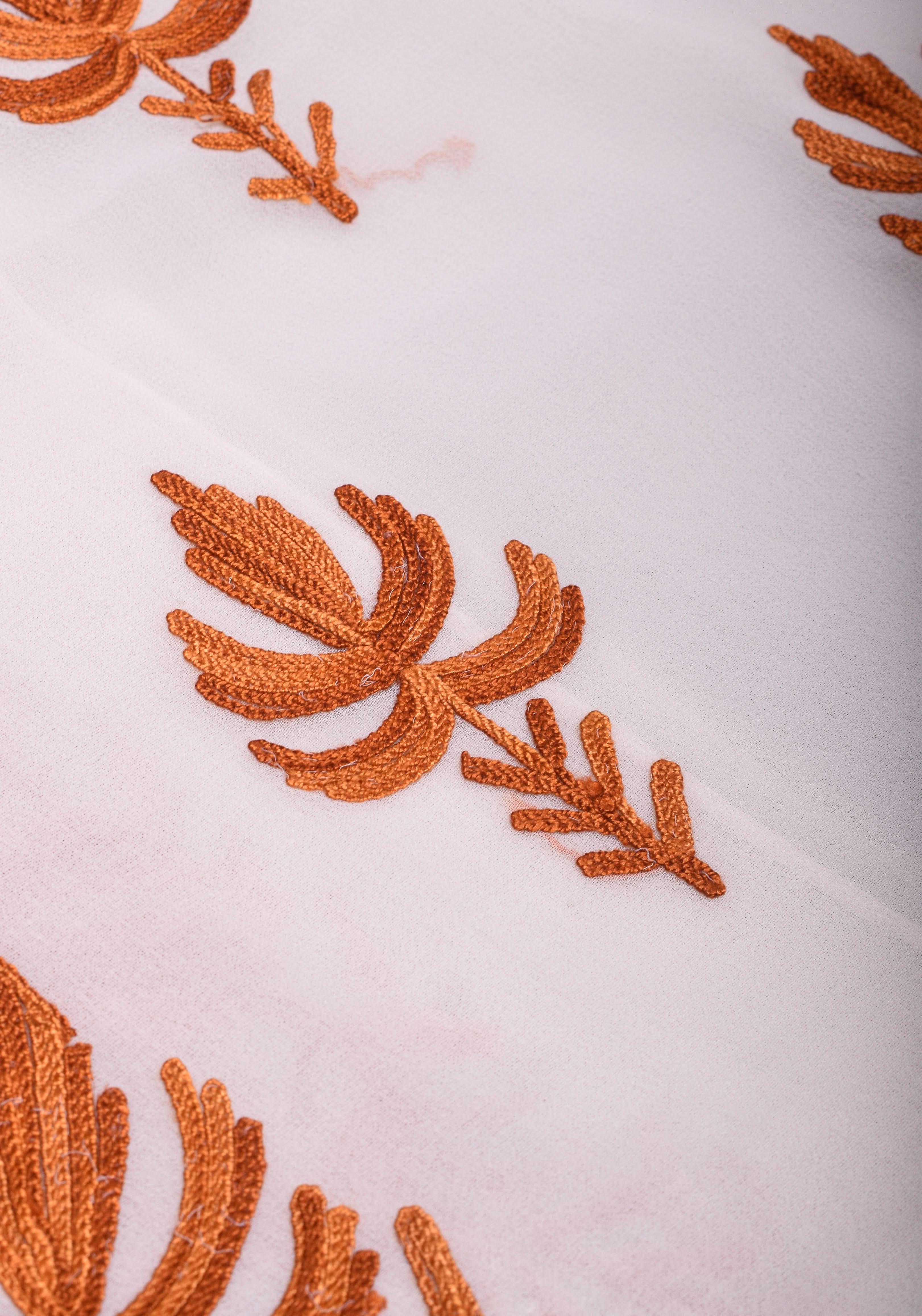 Kashmiri Aari Embroidery Georgette Saree in White with Maple leaf Motifs No Blouse Piece | Shobitam