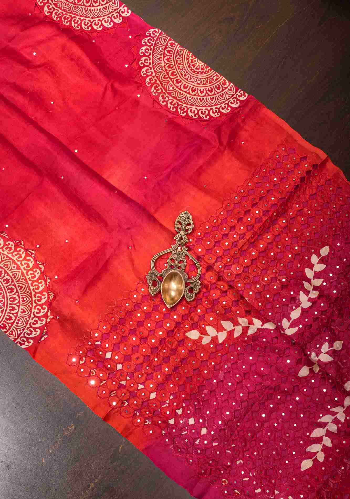 Pre drape Red ombre mandala motifs cut work Tussar Silk Saree | CERTIFIED SILK