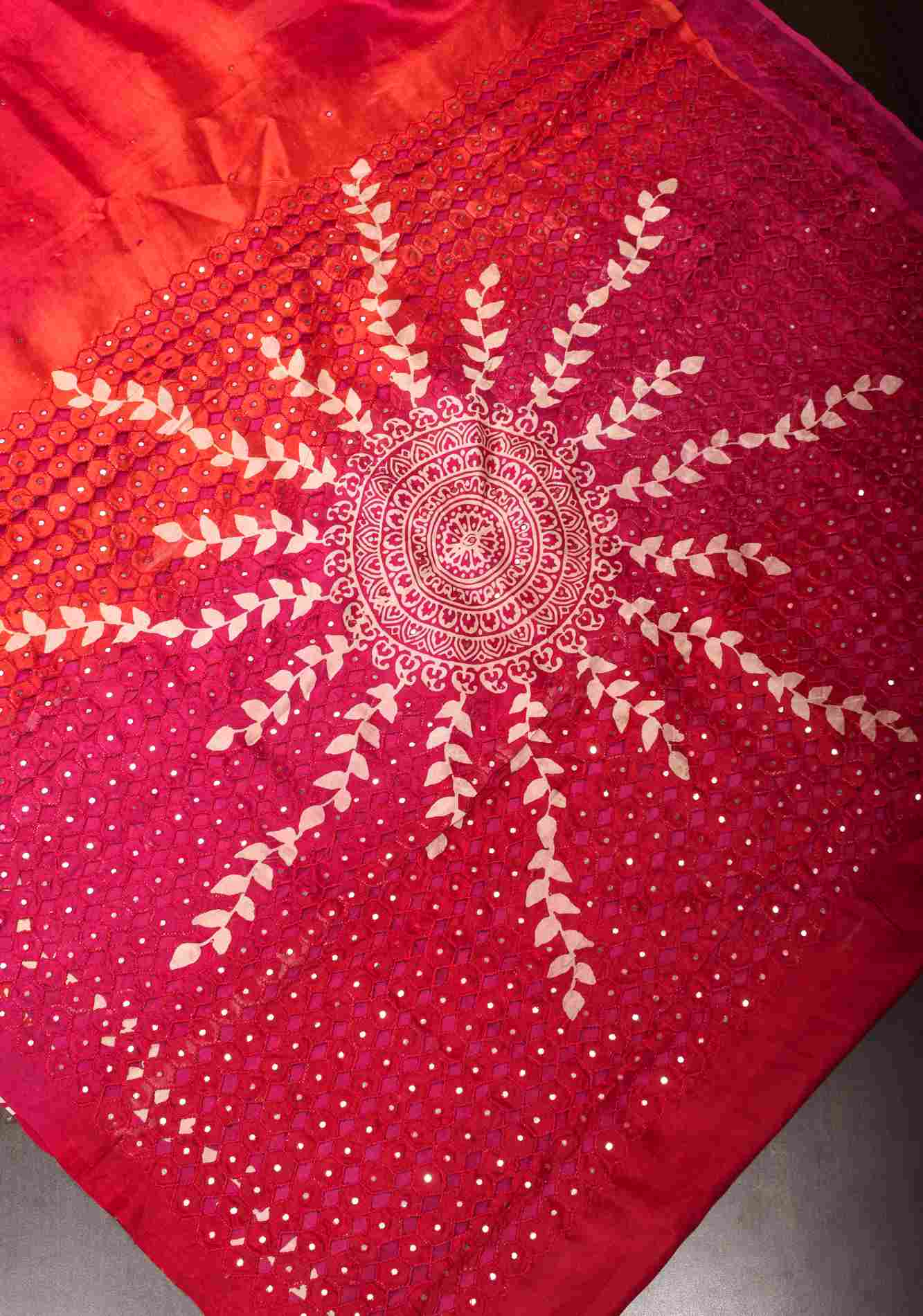 Pre drape Red ombre mandala motifs cut work Tussar Silk Saree | CERTIFIED SILK