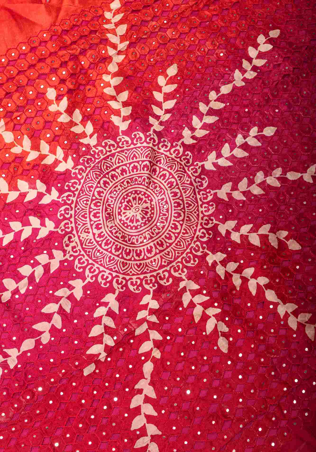 Pre drape Red ombre mandala motifs cut work Tussar Silk Saree | CERTIFIED SILK