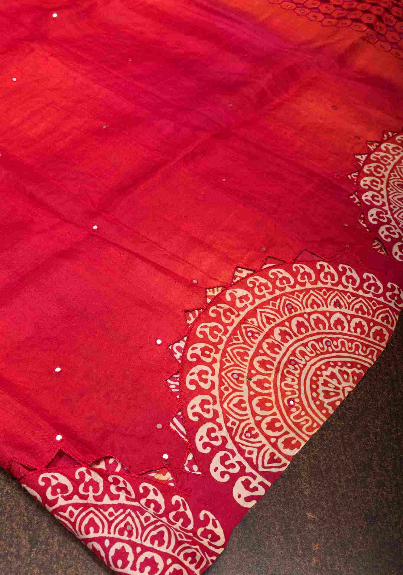 Pre drape Red ombre mandala motifs cut work Tussar Silk Saree | CERTIFIED SILK