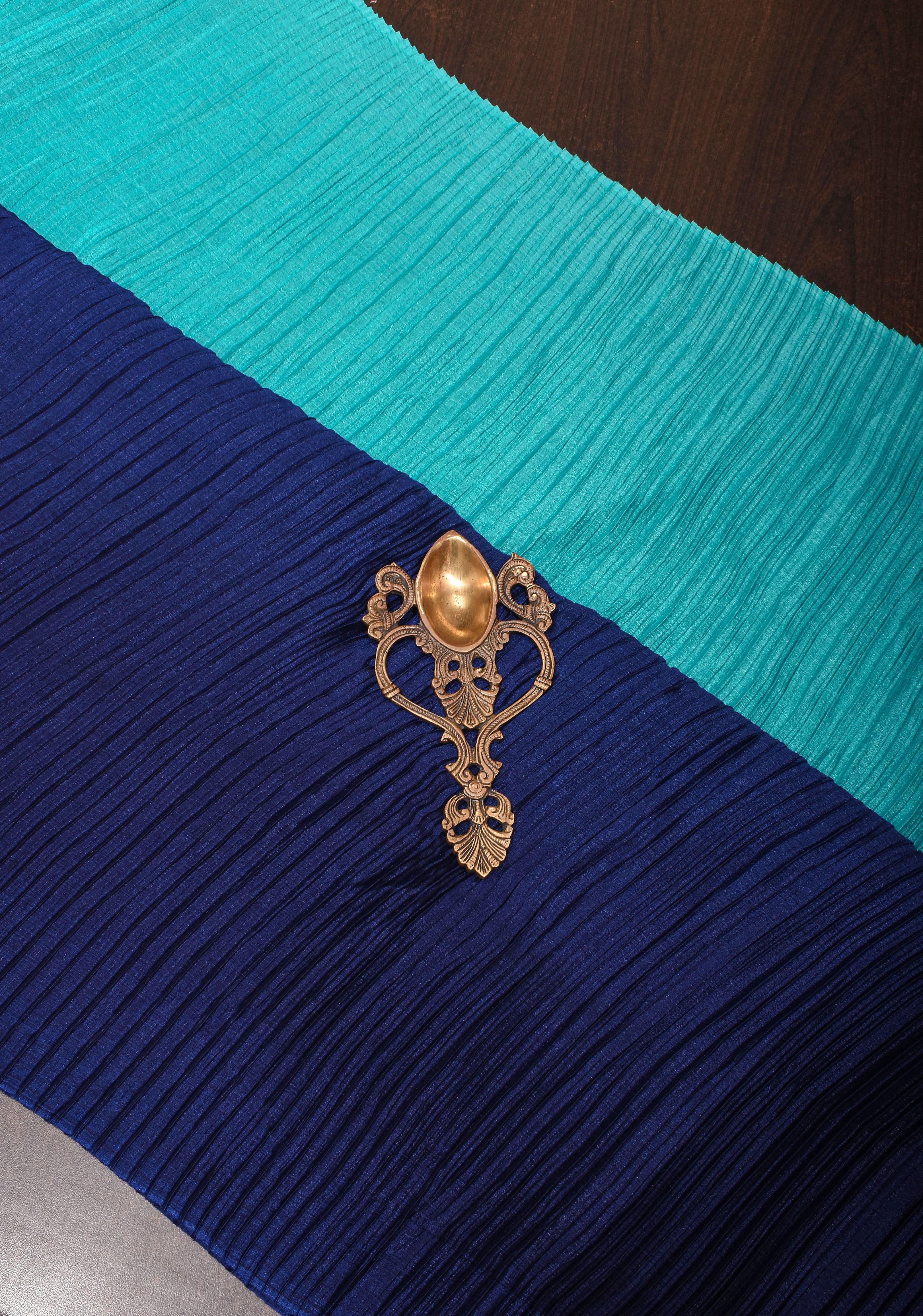 Contemporary shaded Satin pleated half and half saree in Shades of Blue, No Blouse piece | Shobitam