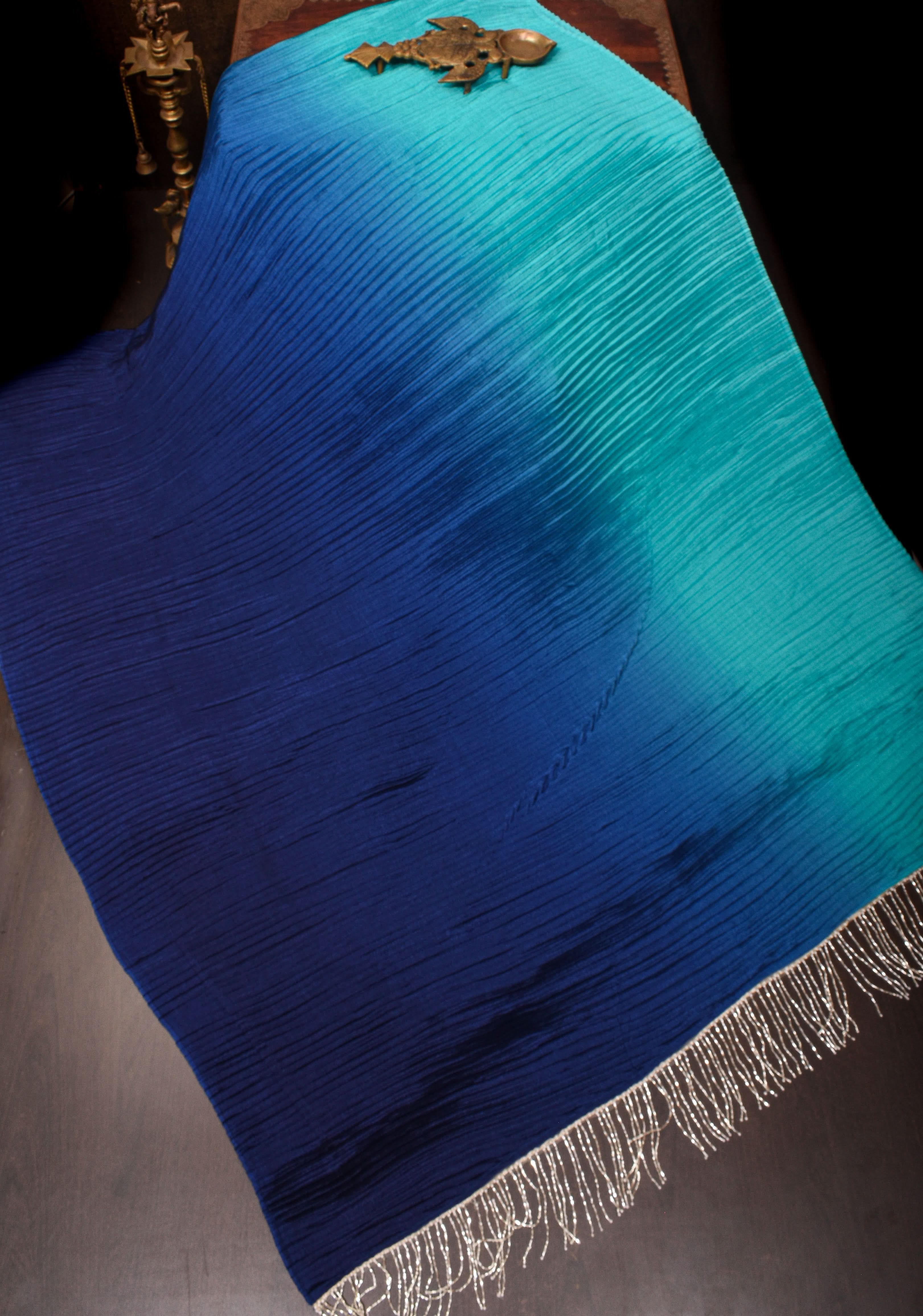 Contemporary shaded Satin pleated half and half saree in Shades of Blue, No Blouse piece | Shobitam