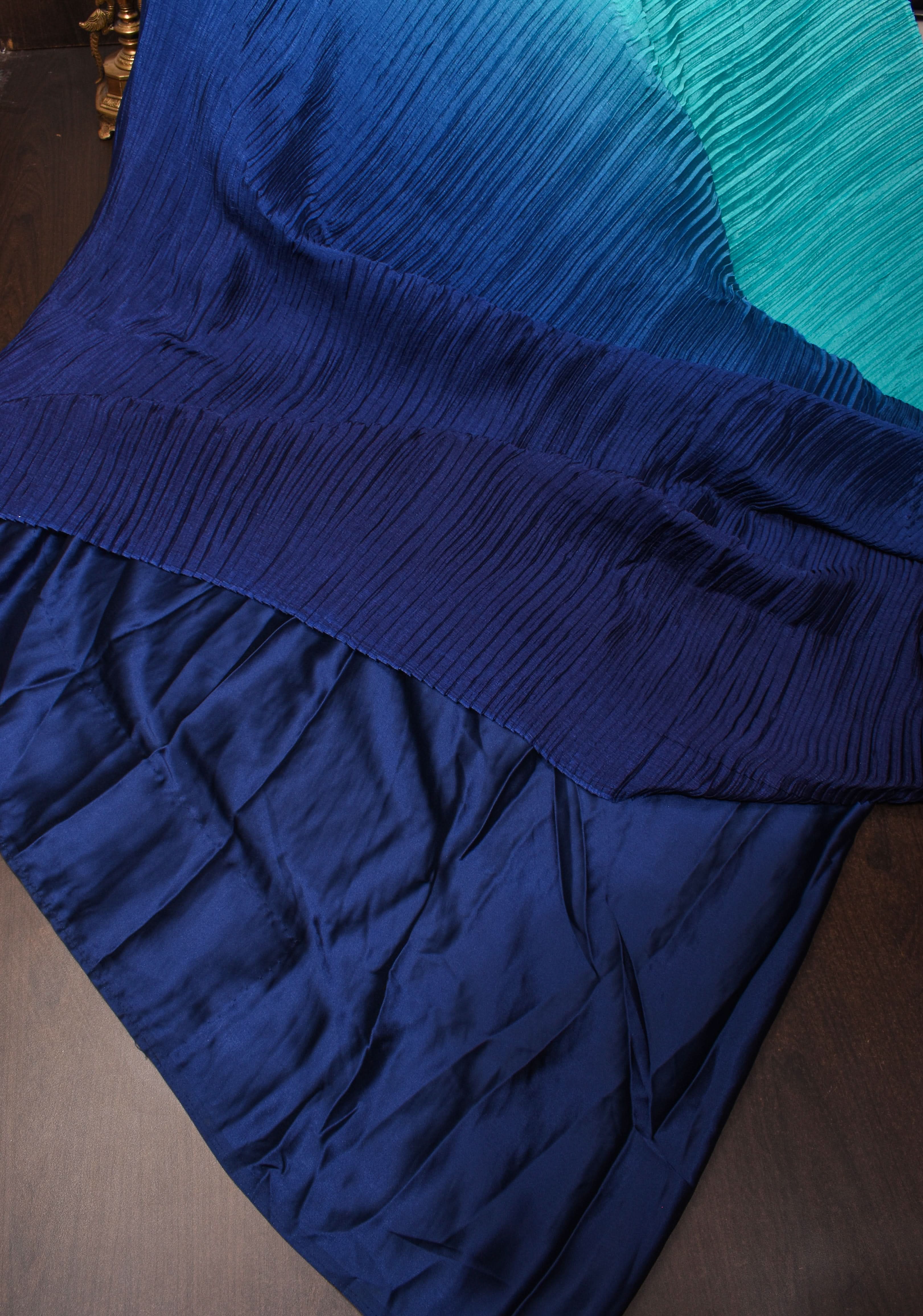 Contemporary shaded Satin pleated half and half saree in Shades of Blue, No Blouse piece | Shobitam