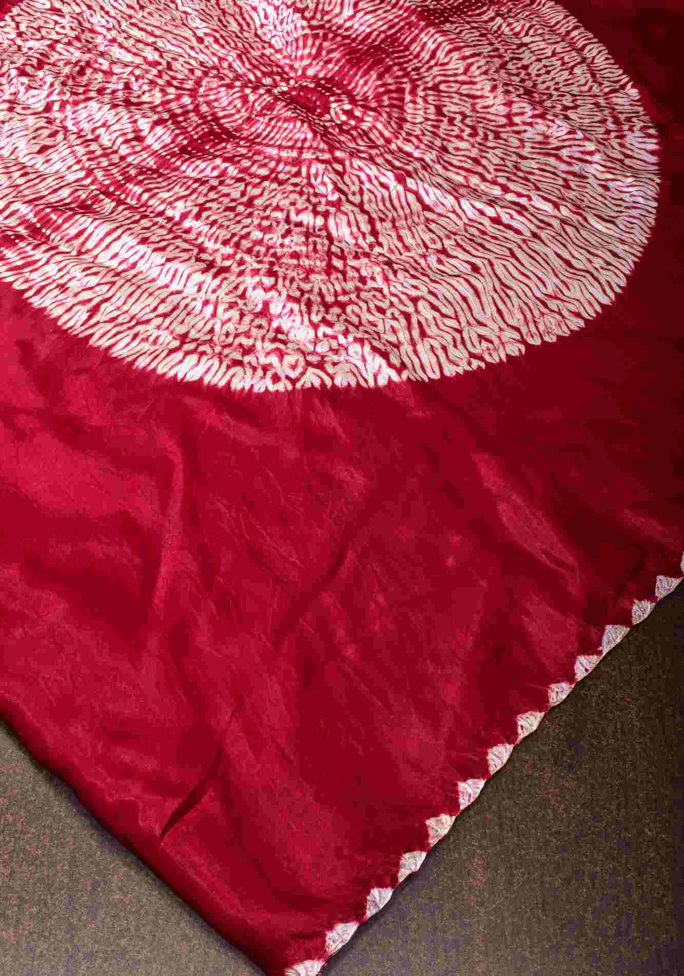 Pre drape Hand Shibori mandala Dye on Red Modal Silk saree, no Blouse piece