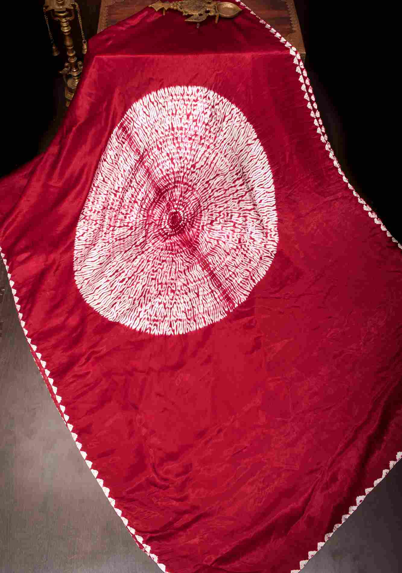 Pre drape Hand Shibori mandala Dye on Red Modal Silk saree, no Blouse piece