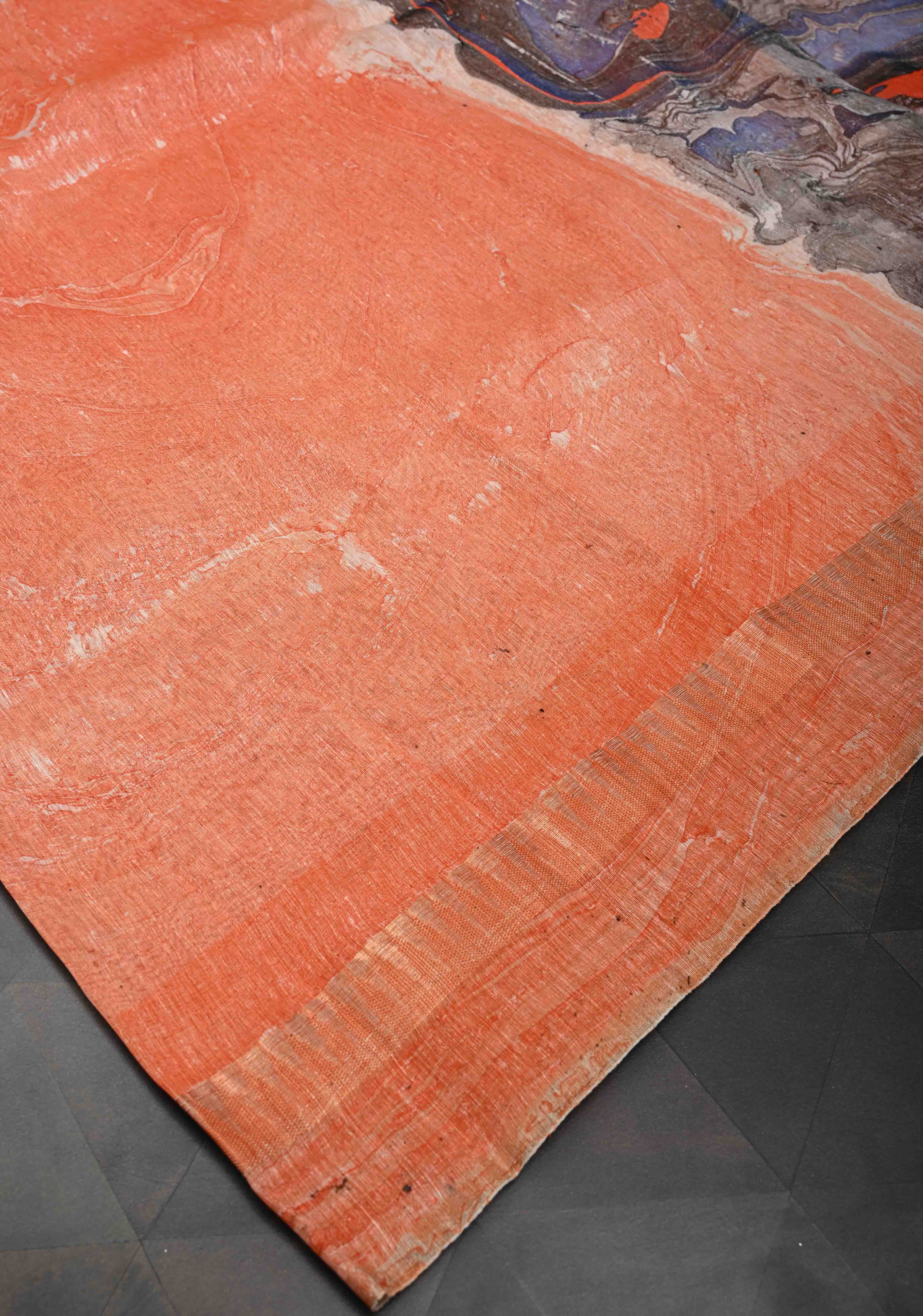 Orange Silk Linen Saree with Marble Digital Print and Muted Zari Borders | Shobitam