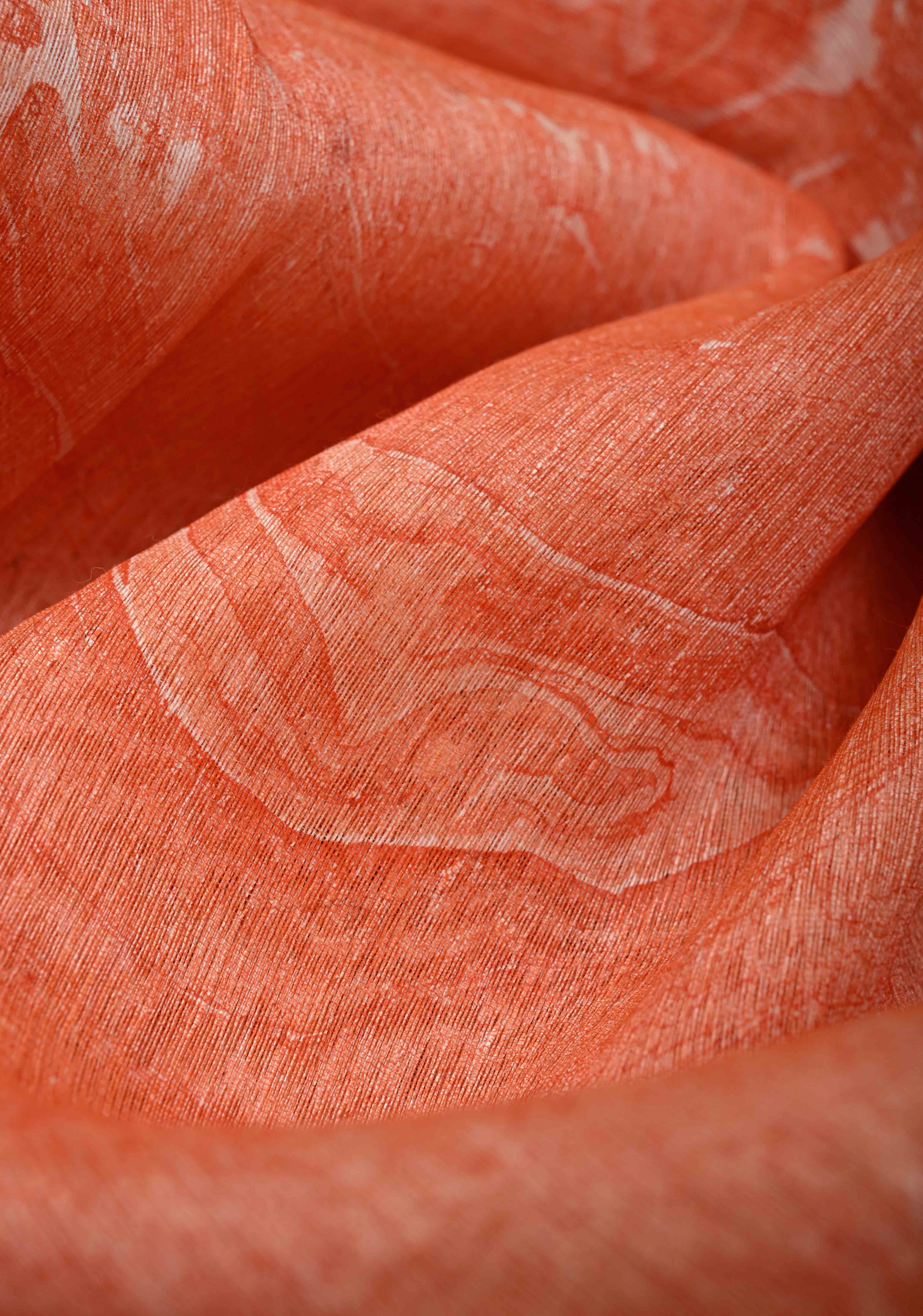 Orange Silk Linen Saree with Marble Digital Print and Muted Zari Borders | Shobitam