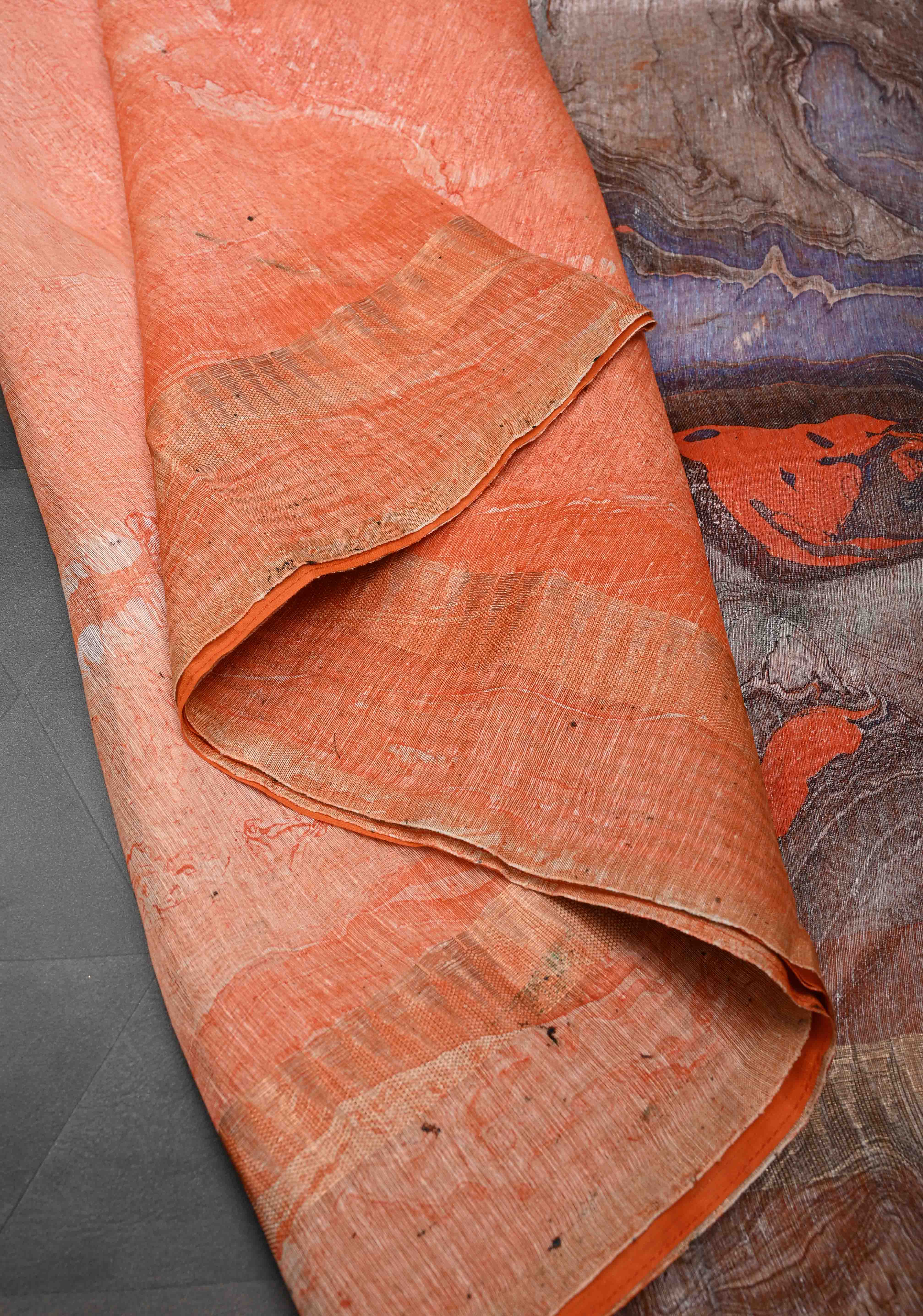Orange Silk Linen Saree with Marble Digital Print and Muted Zari Borders | Shobitam