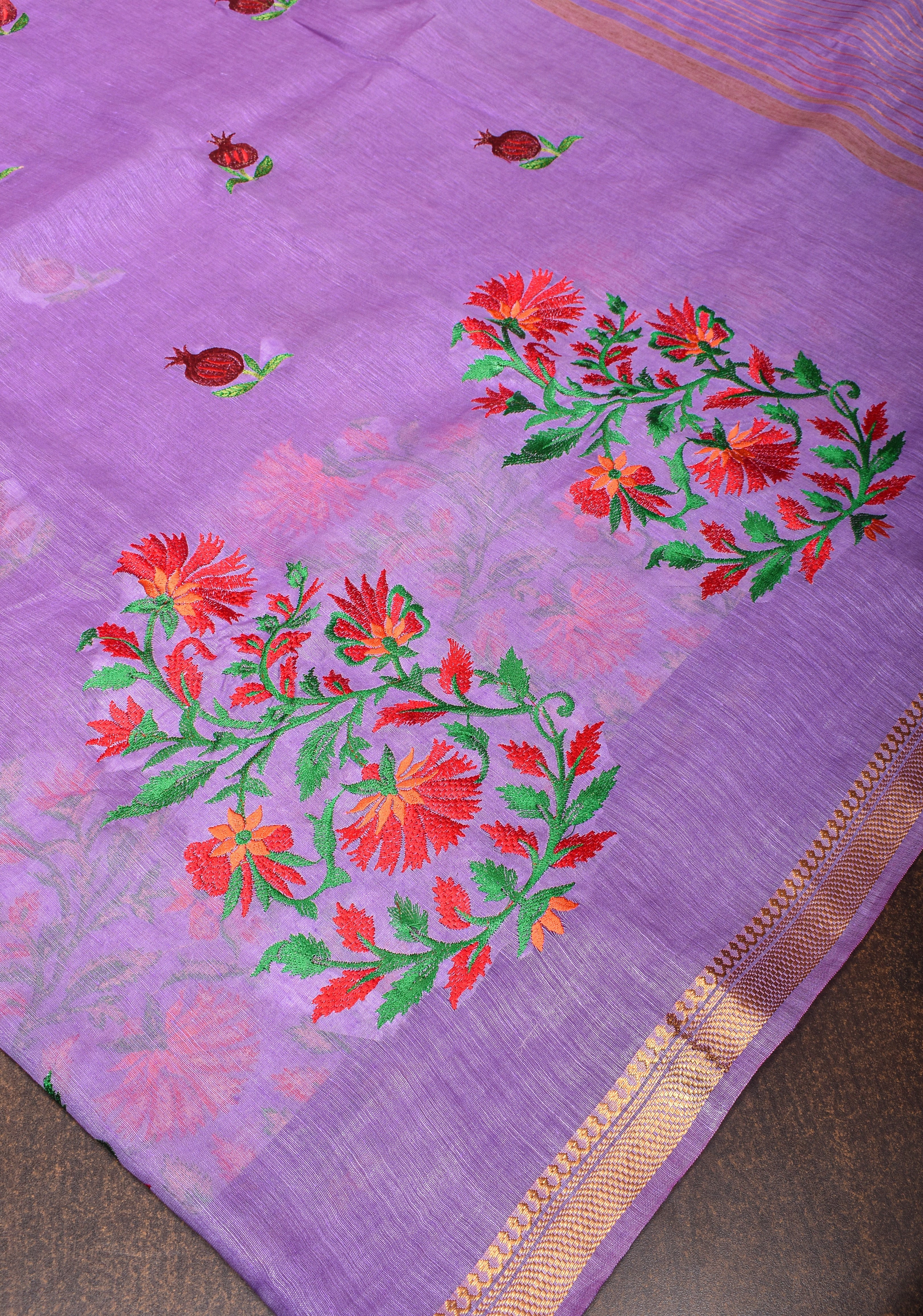 Anar Buttas and Floral embroidery on Silk Linen Saree In Lilac | Shobitam