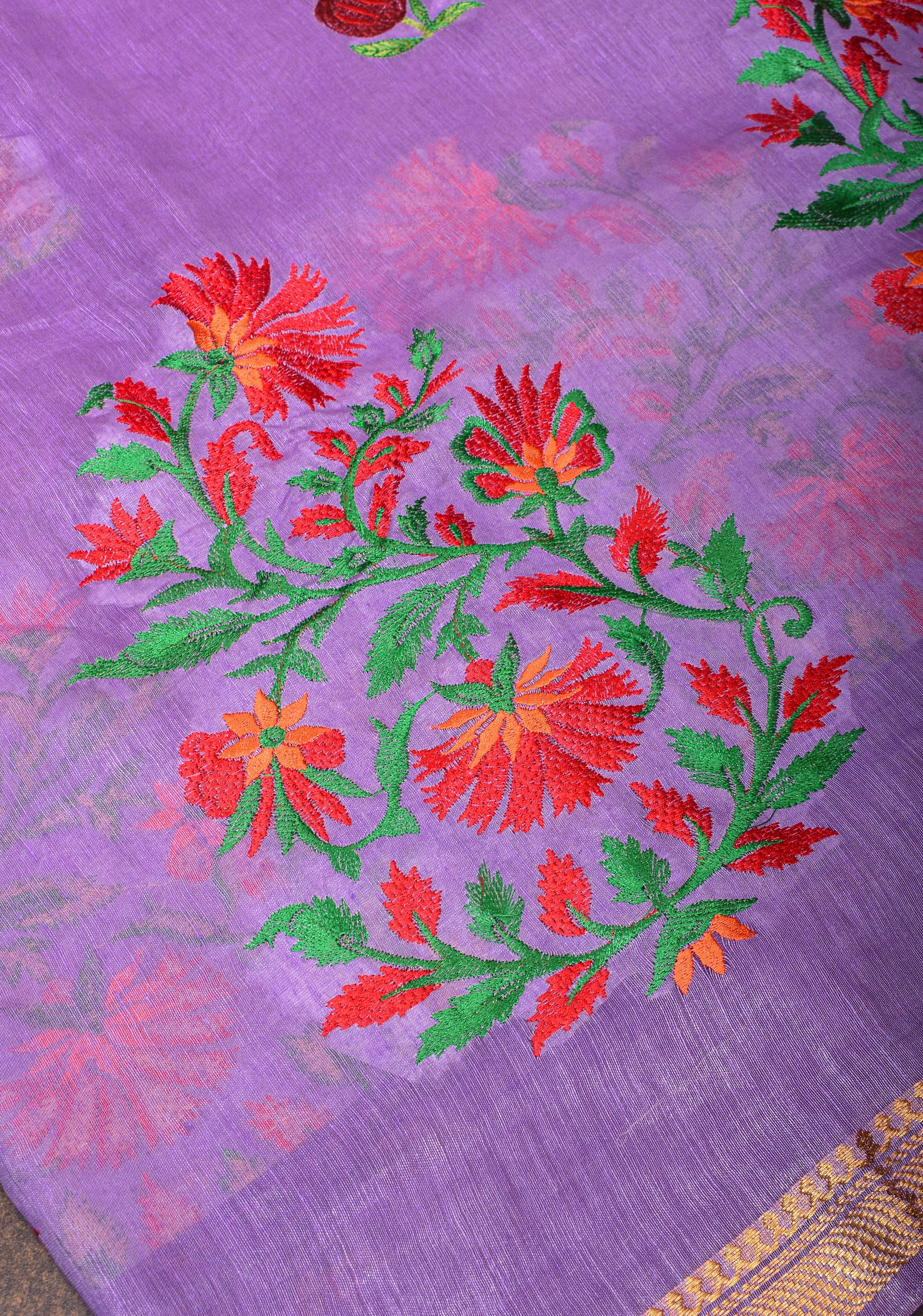 Anar Buttas and Floral embroidery on Silk Linen Saree In Lilac | Shobitam