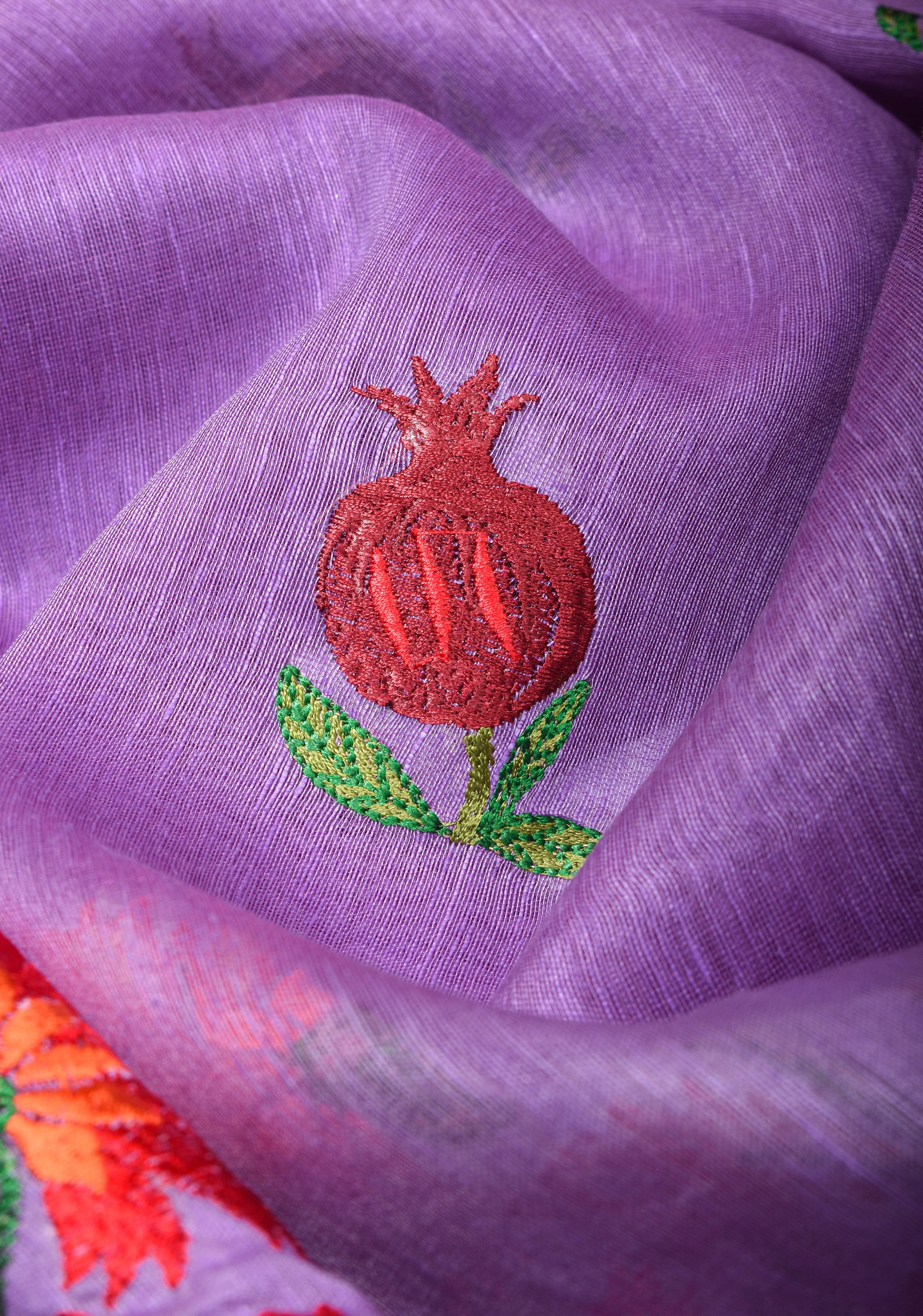 Anar Buttas and Floral embroidery on Silk Linen Saree In Lilac | Shobitam