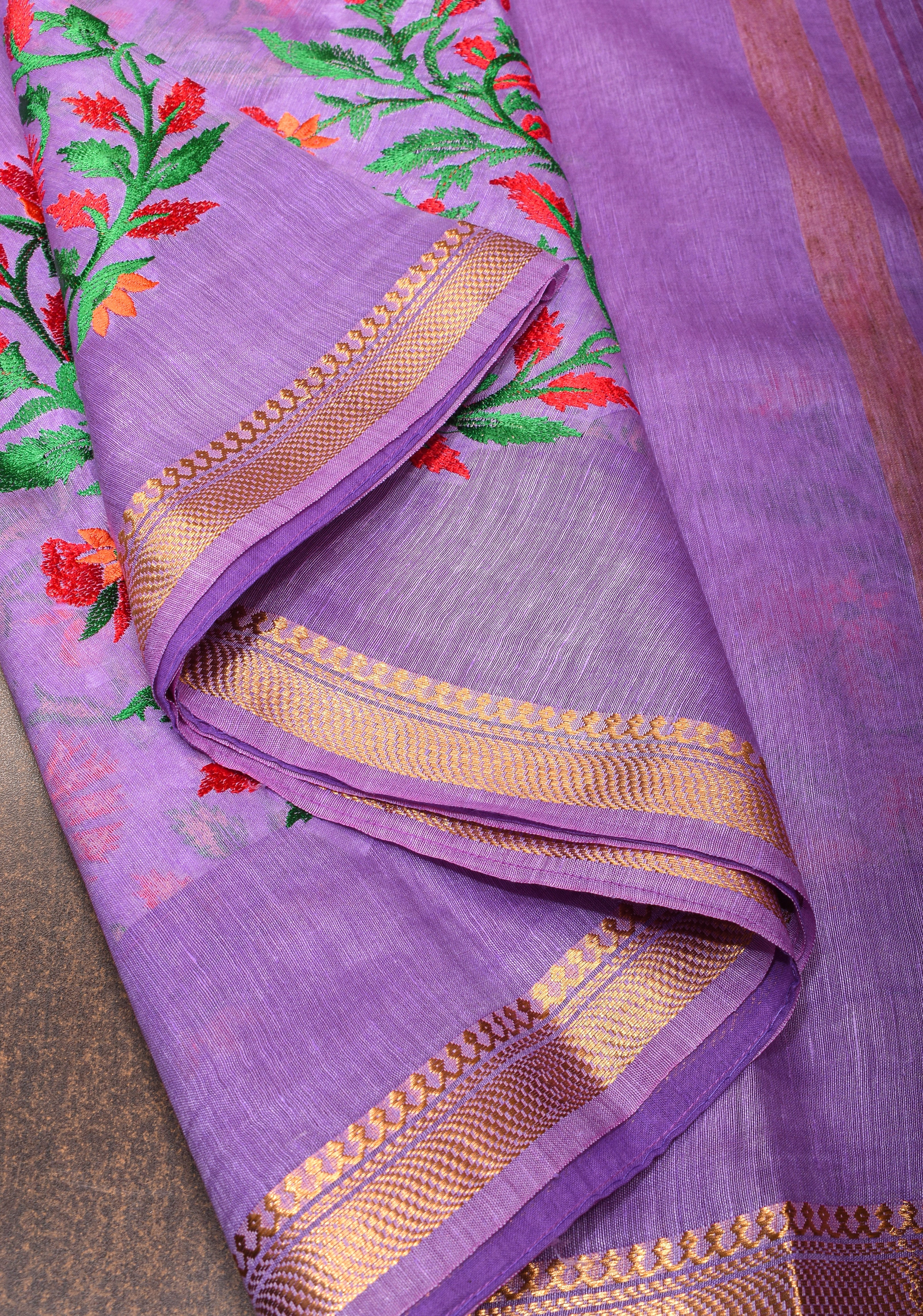 Anar Buttas and Floral embroidery on Silk Linen Saree In Lilac | Shobitam