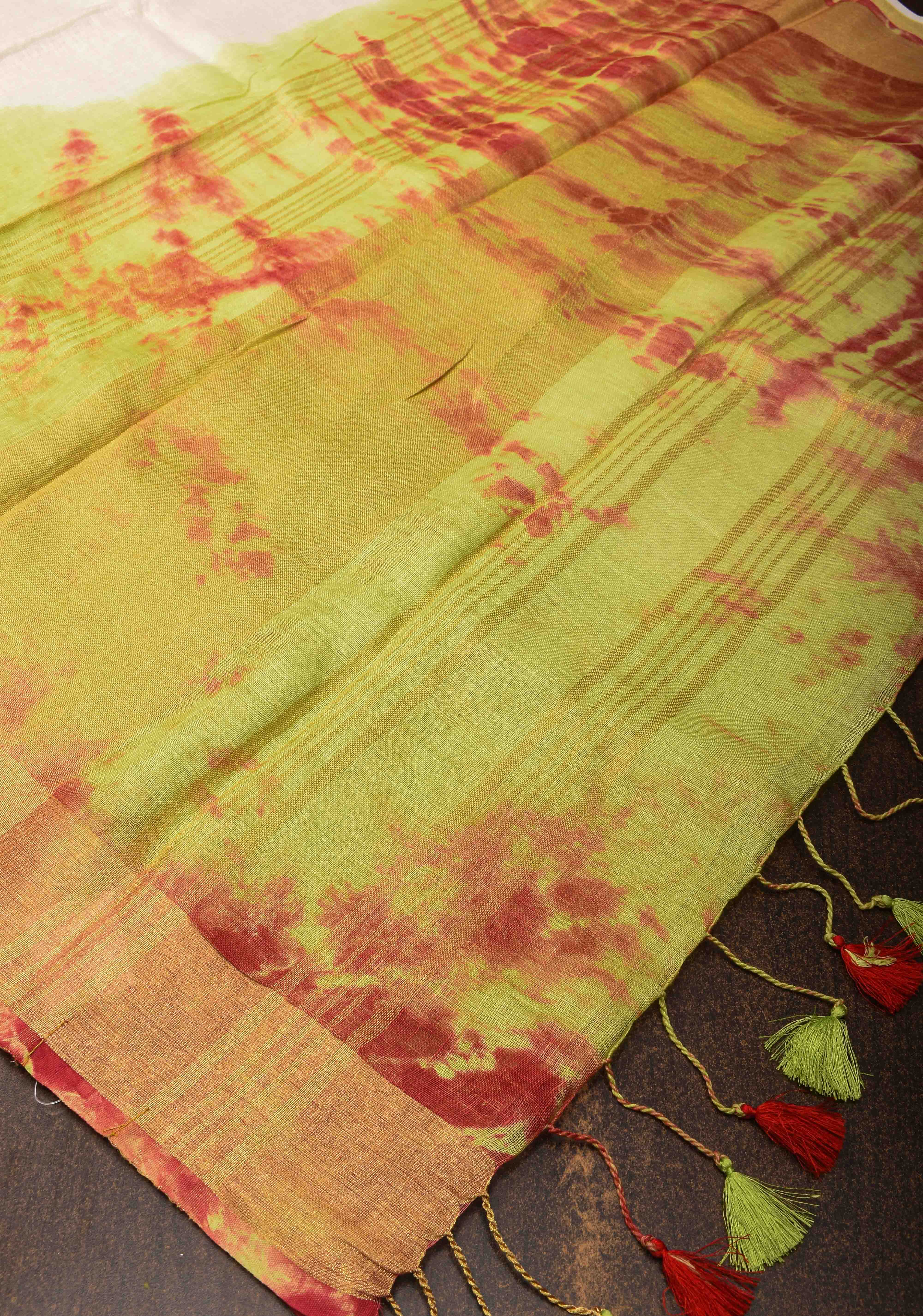 Off White and Green Shibori Linen by Linen Saree and Zari Border | Shobitam