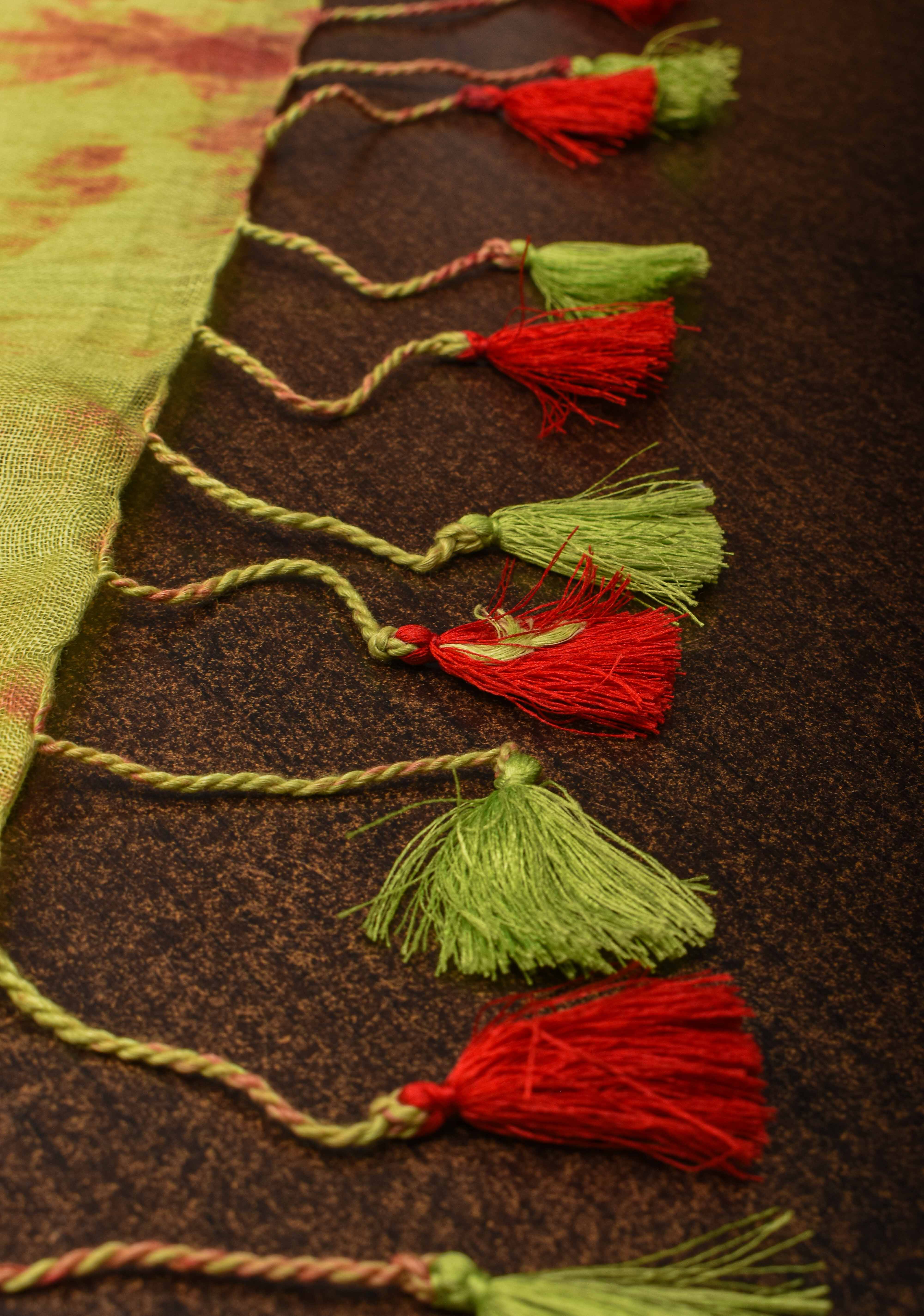 Off White and Green Shibori Linen by Linen Saree and Zari Border | Shobitam