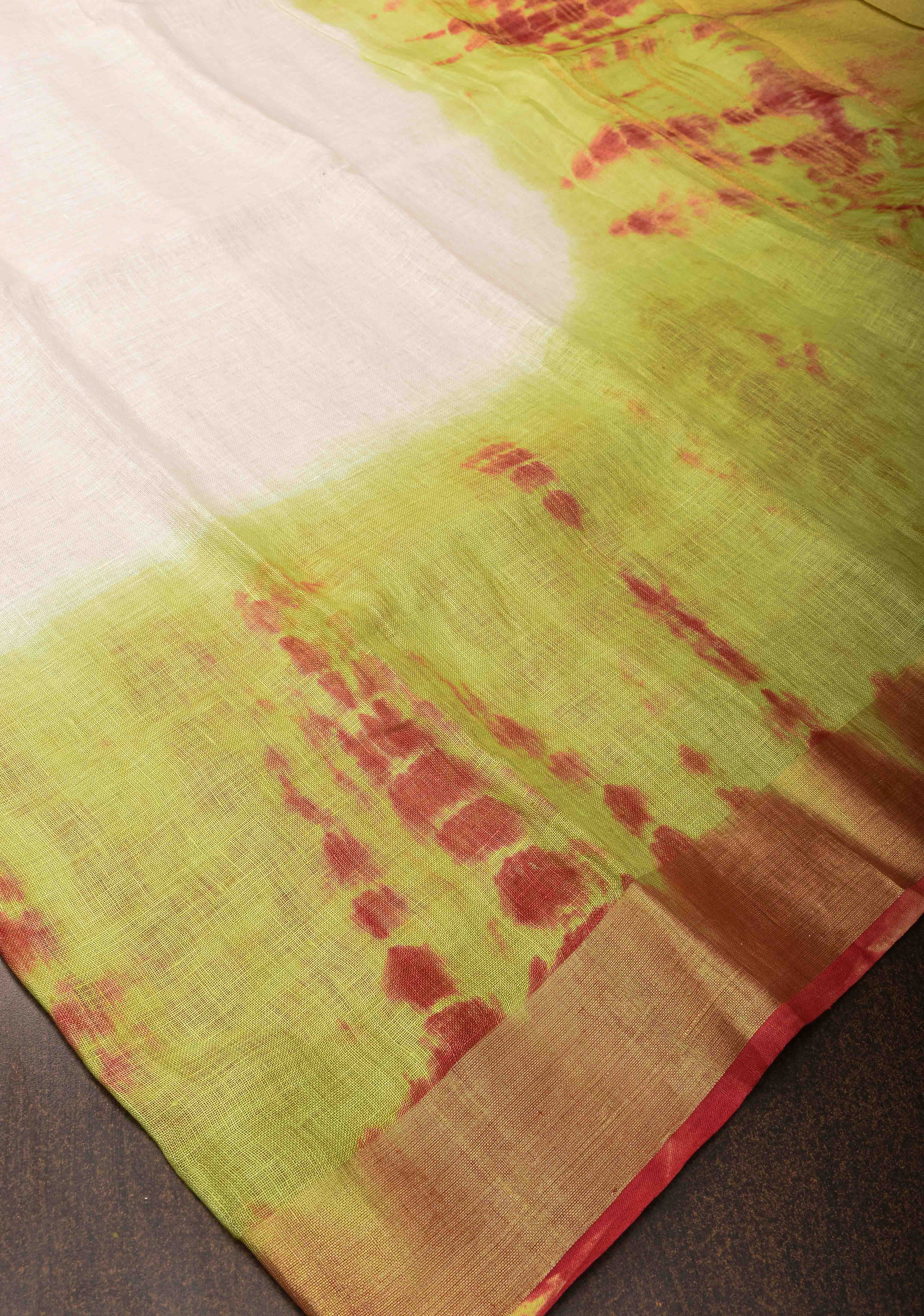 Off White and Green Shibori Linen by Linen Saree and Zari Border | Shobitam