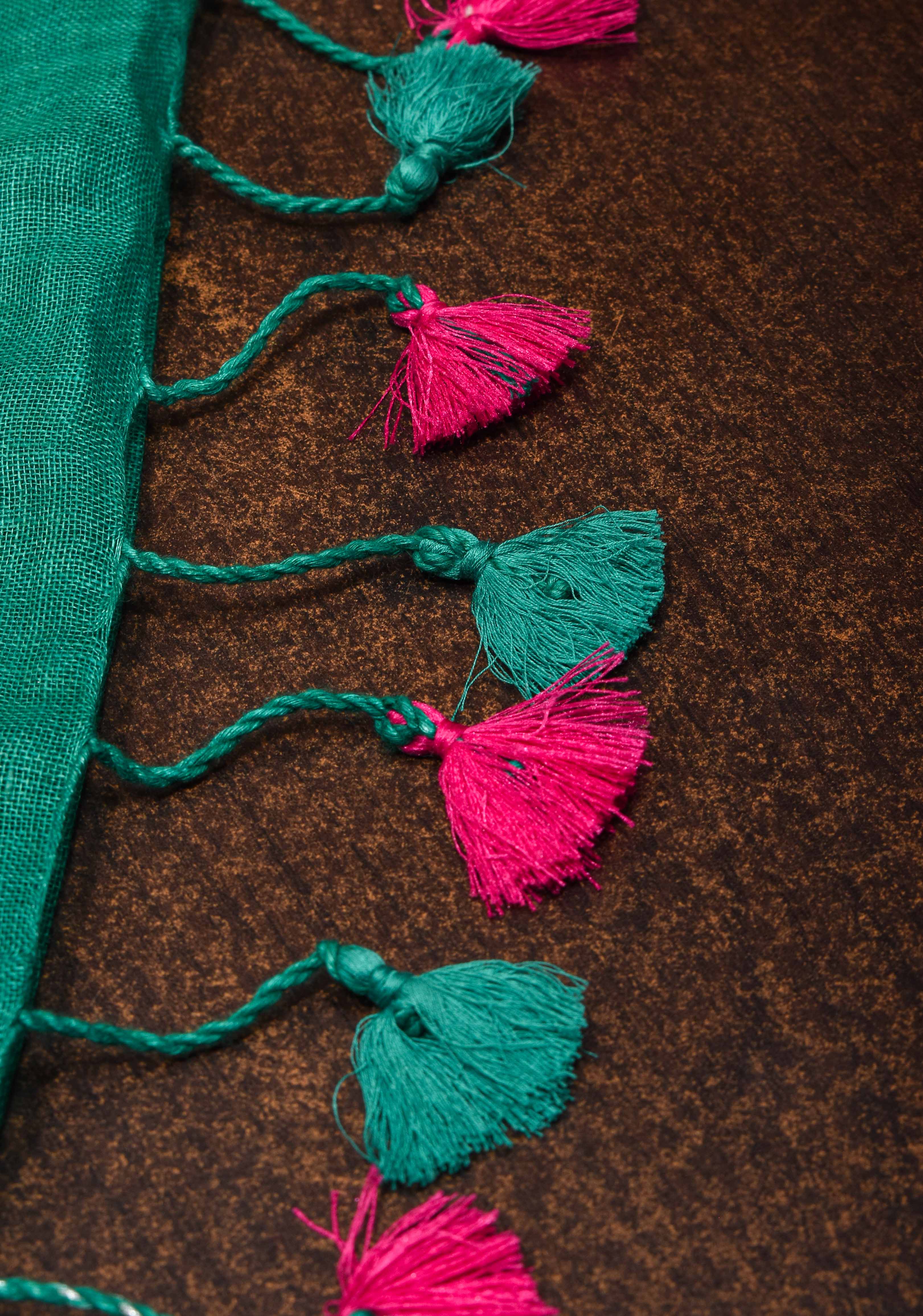 Light Teal Linen by Linen Saree with Temple Zari Border | Shobitam