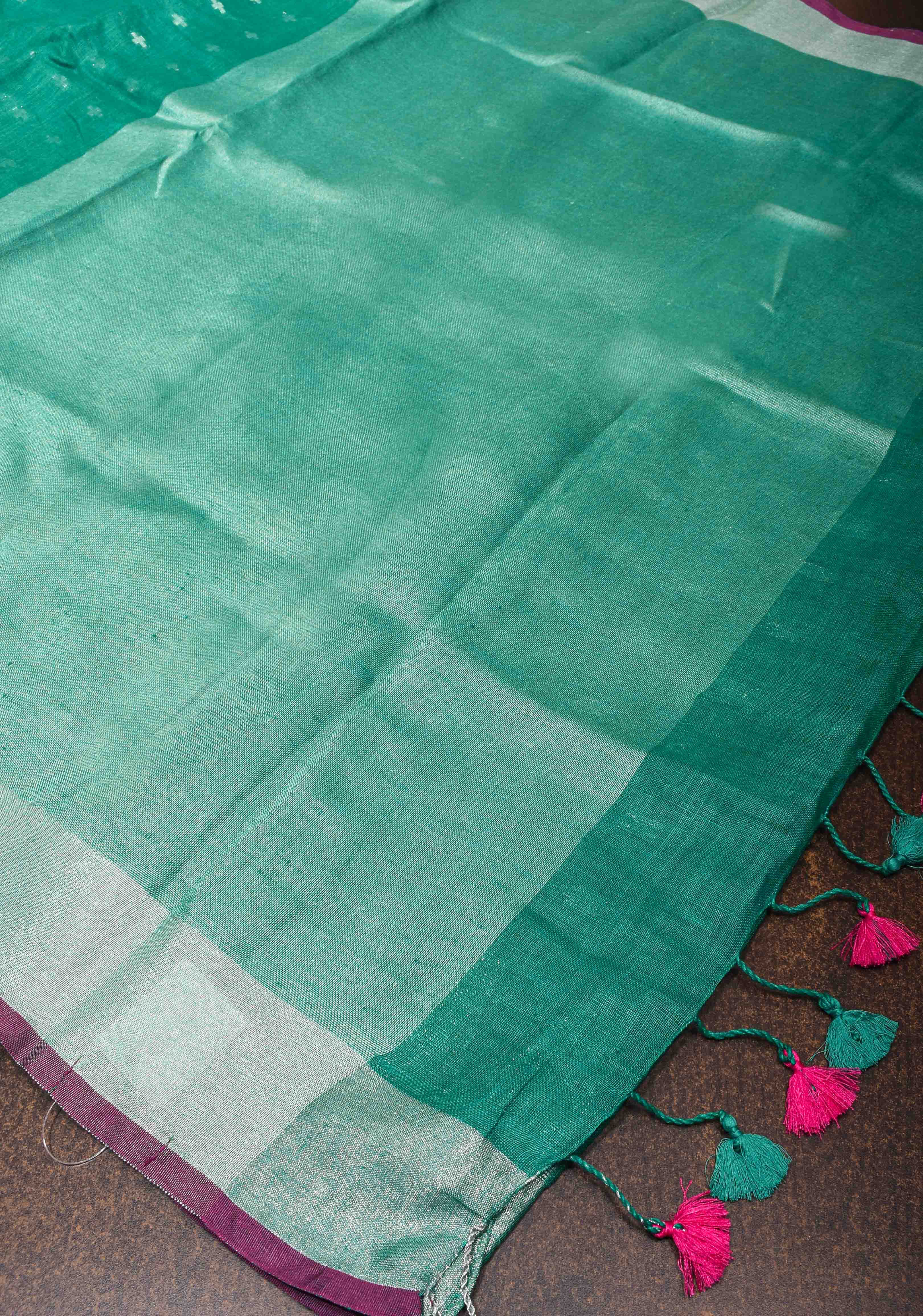 Light Teal Linen by Linen Saree with Temple Zari Border | Shobitam