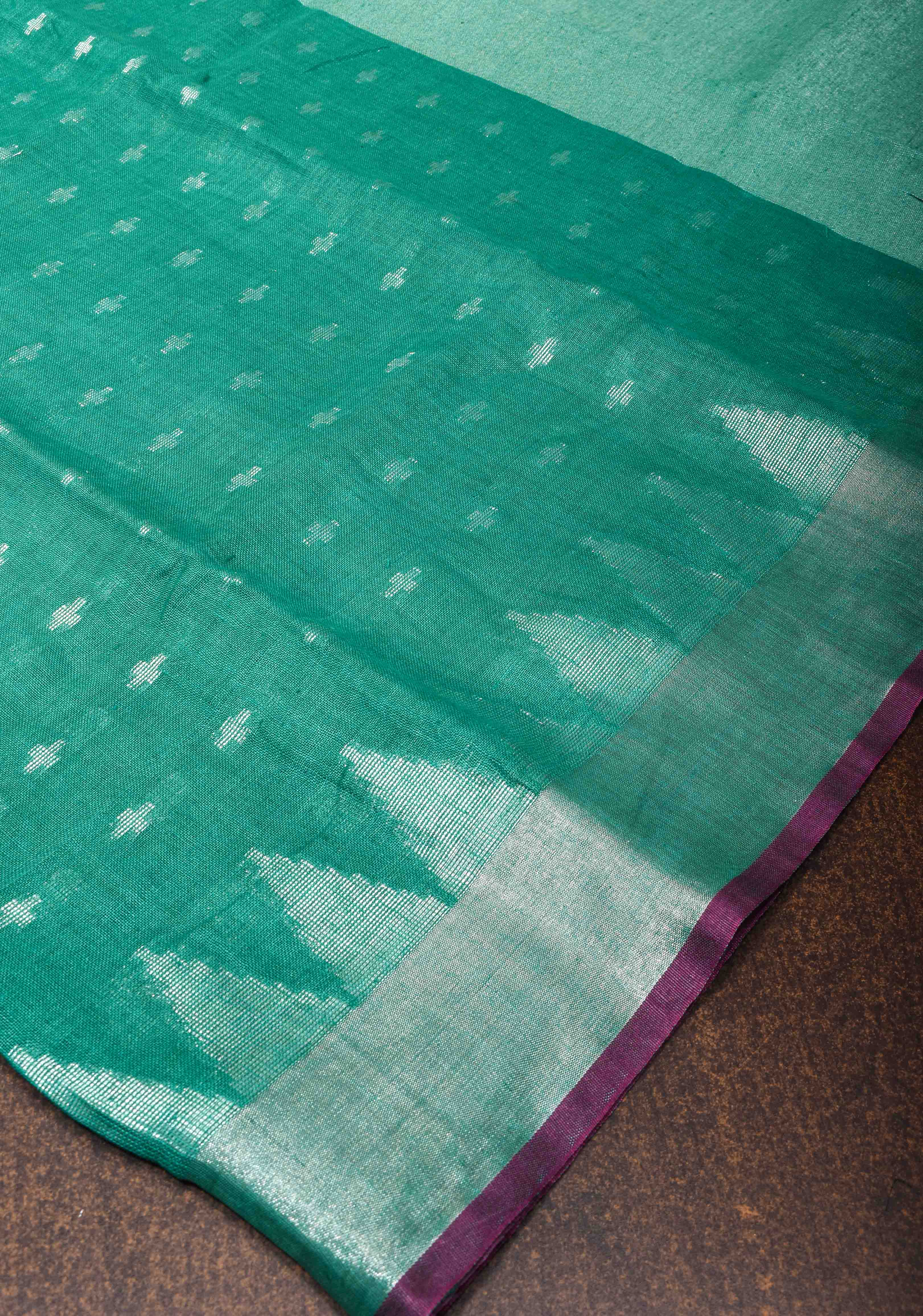 Light Teal Linen by Linen Saree with Temple Zari Border | Shobitam