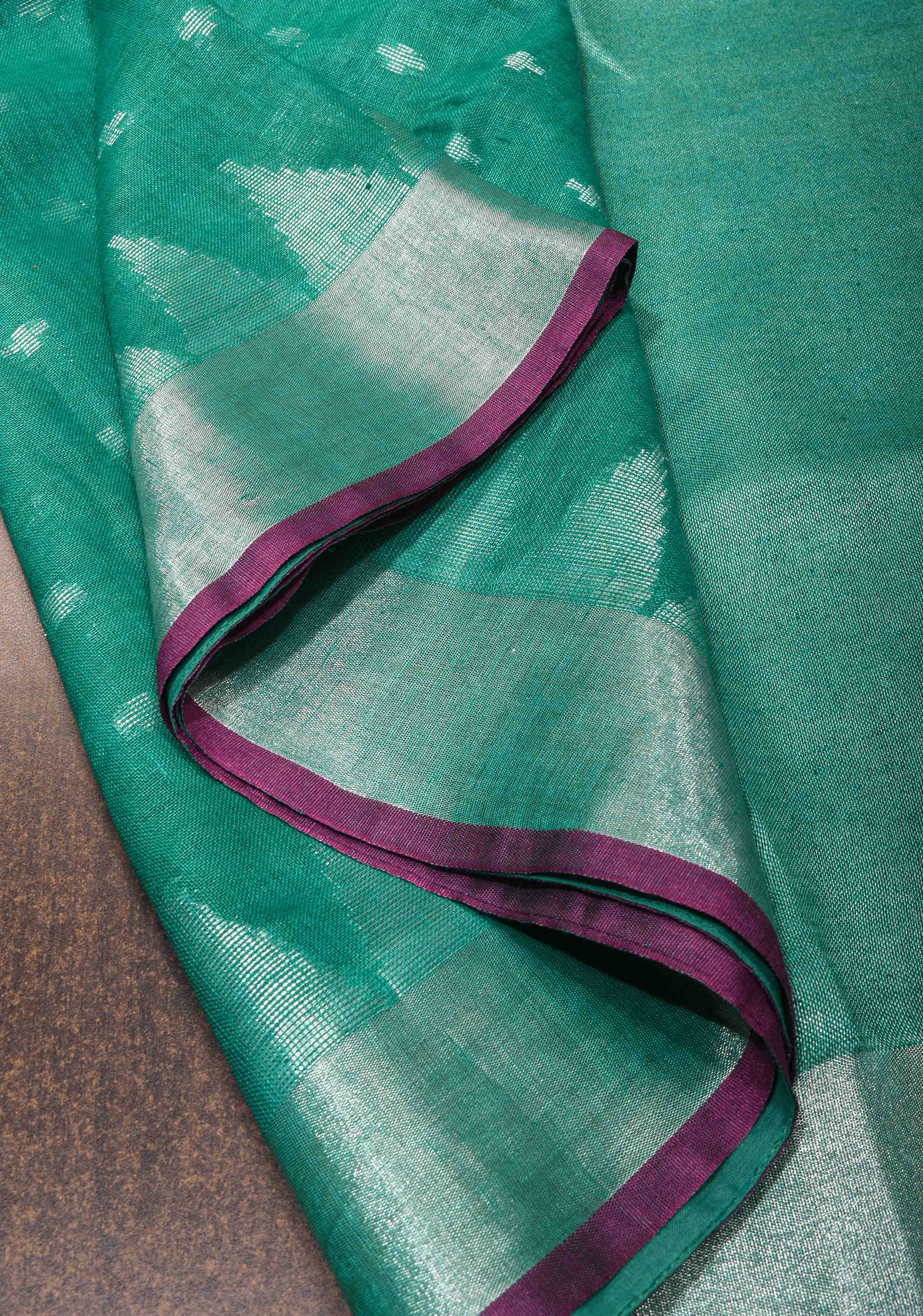 Light Teal Linen by Linen Saree with Temple Zari Border | Shobitam