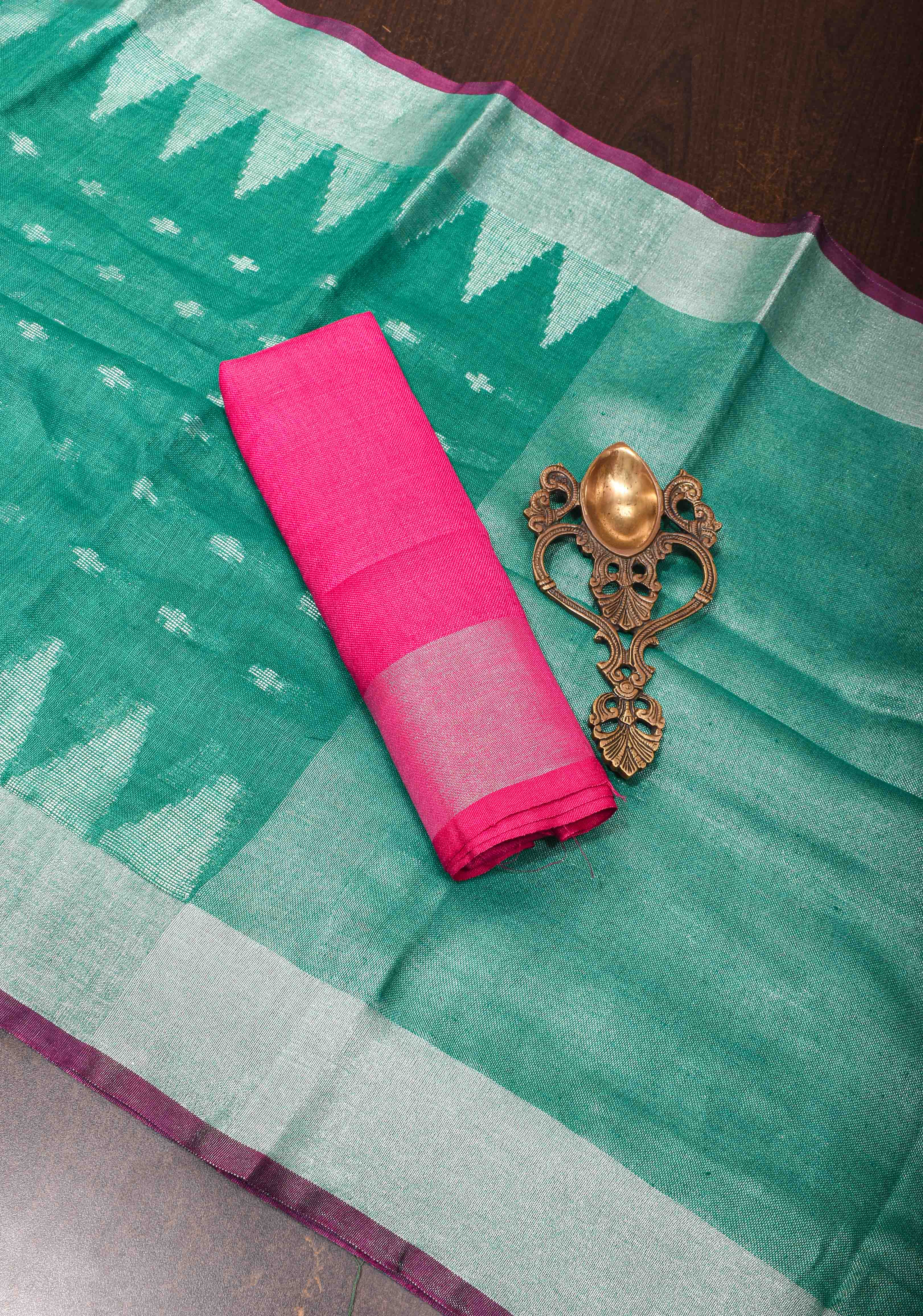 Light Teal Linen by Linen Saree with Temple Zari Border | Shobitam