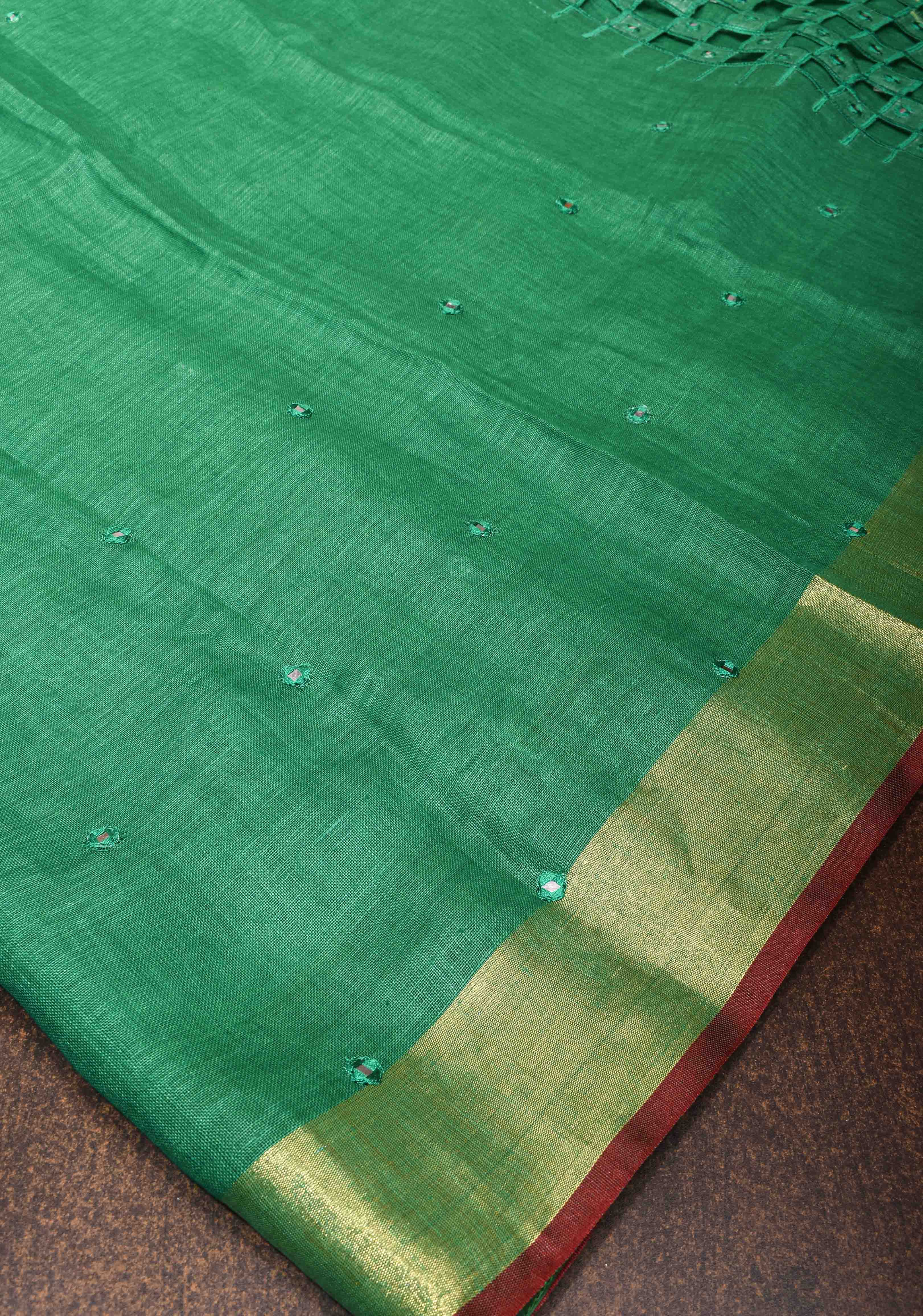 Jaali Pallu - Linen by Linen Cutwork and Mirrorwork Saree in Sea Green | Shobitam