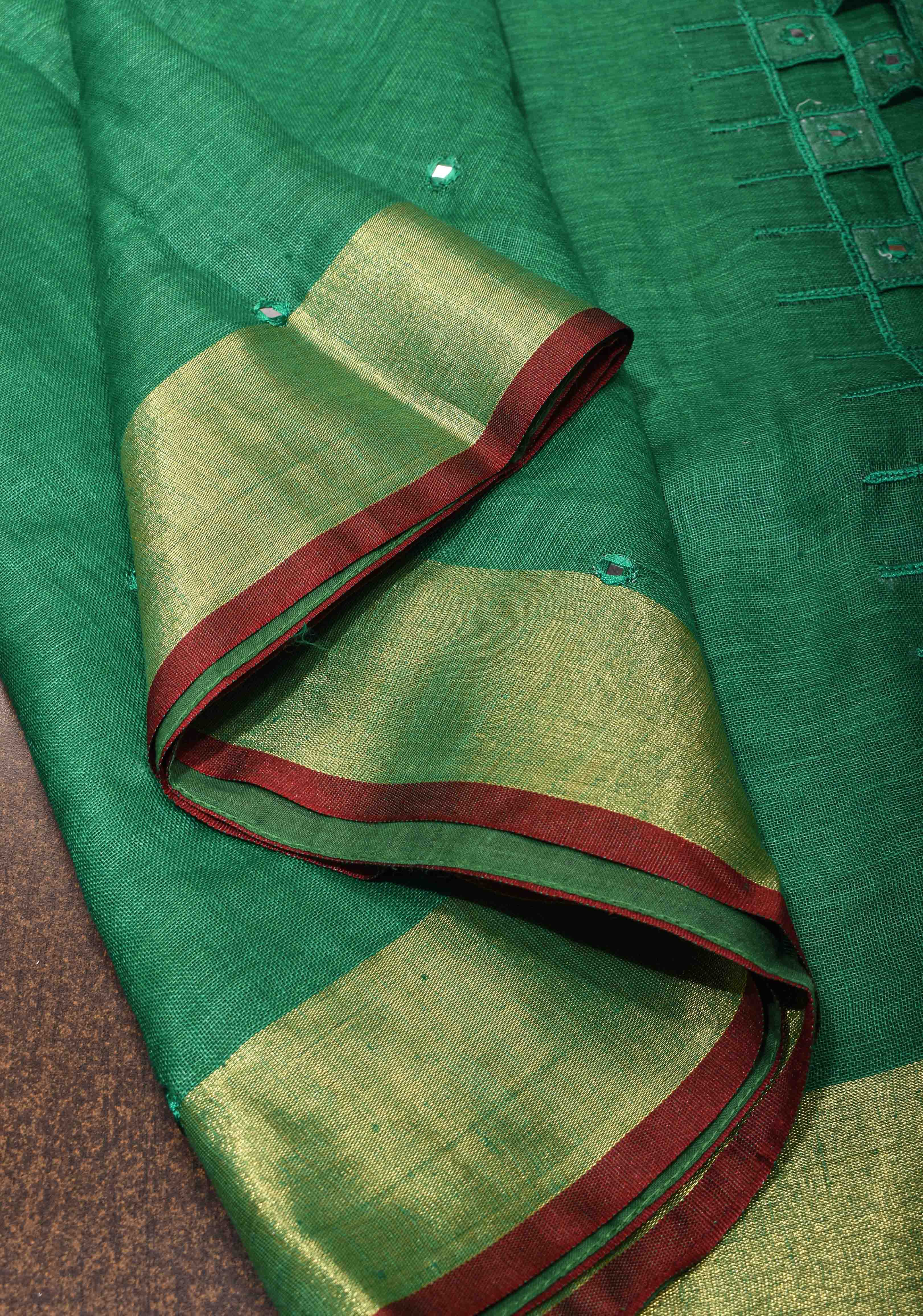 Jaali Pallu - Linen by Linen Cutwork and Mirrorwork Saree in Sea Green | Shobitam