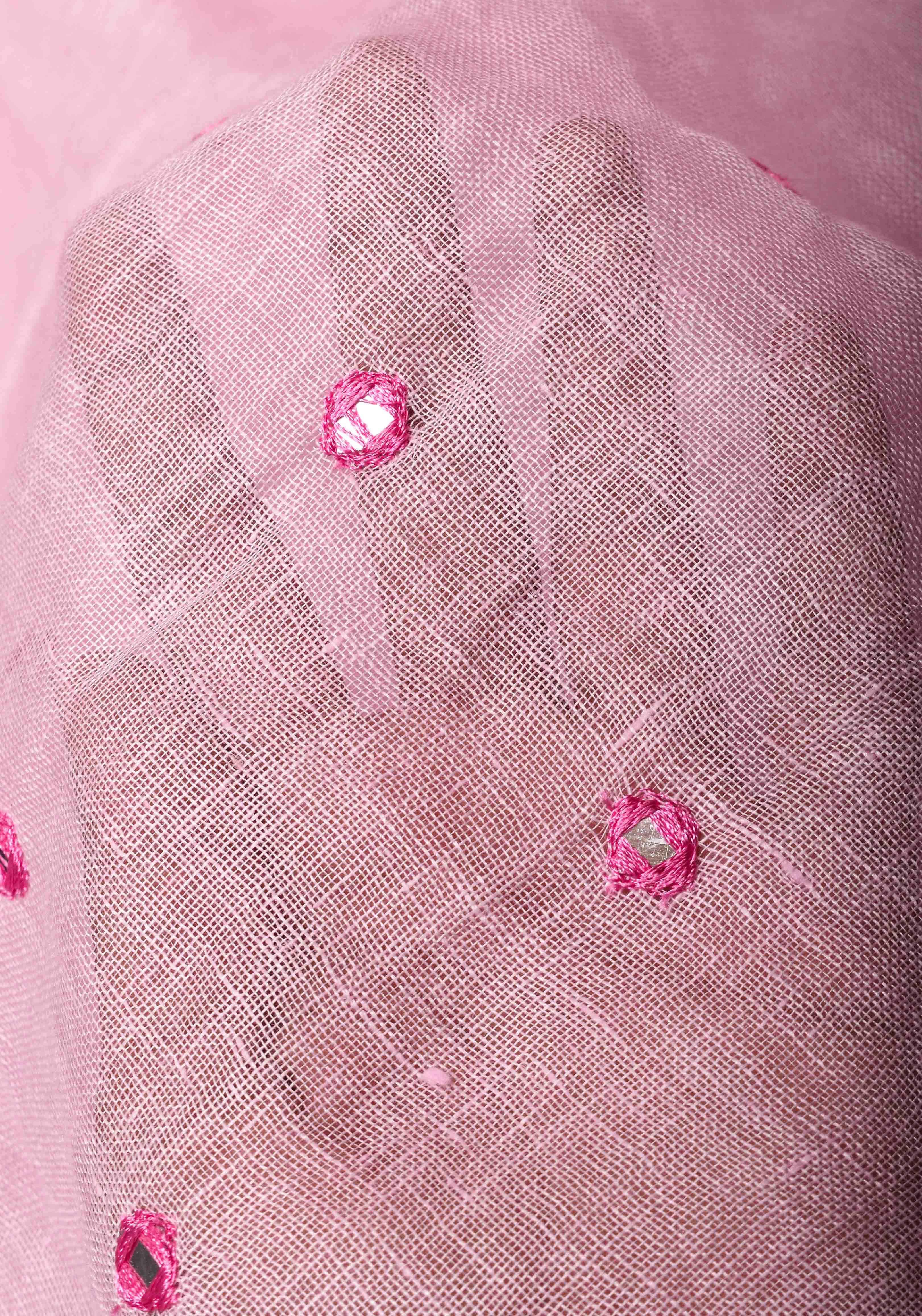 Jaali Pallu - Linen by Linen Cutwork and Mirrorwork Saree in Baby Pink and Zari Border | Shobitam