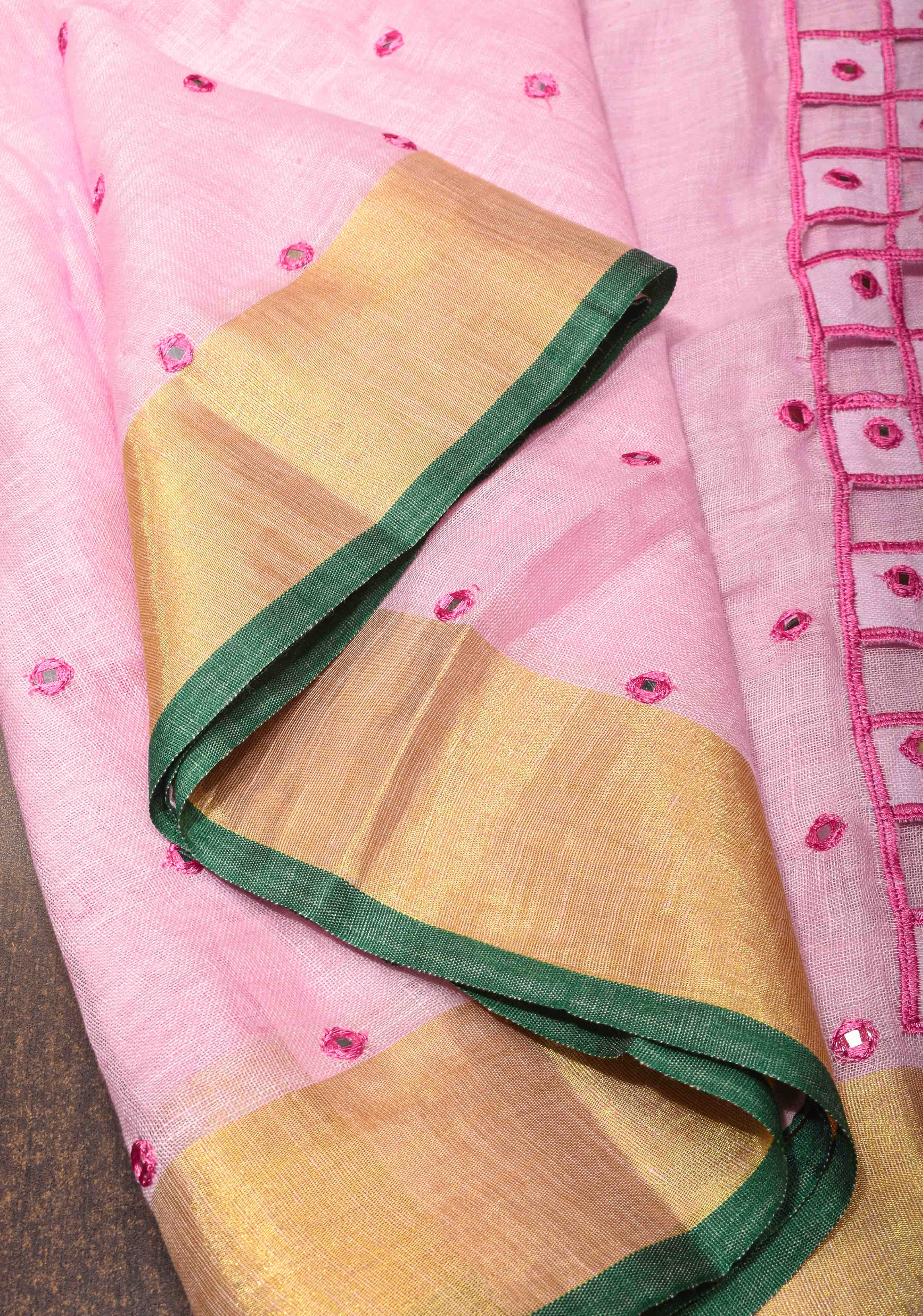 Jaali Pallu - Linen by Linen Cutwork and Mirrorwork Saree in Baby Pink and Zari Border | Shobitam
