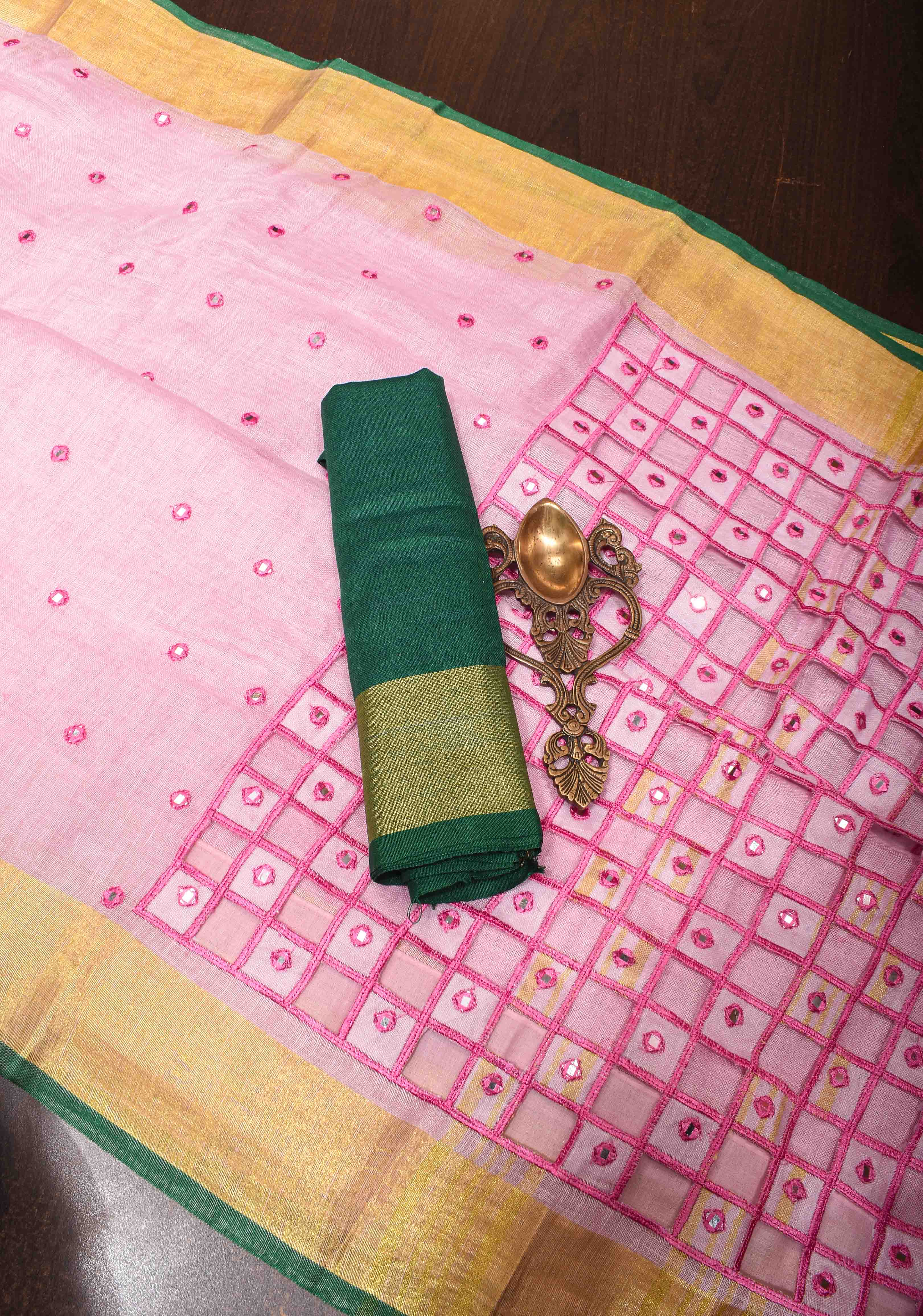 Jaali Pallu - Linen by Linen Cutwork and Mirrorwork Saree in Baby Pink and Zari Border | Shobitam