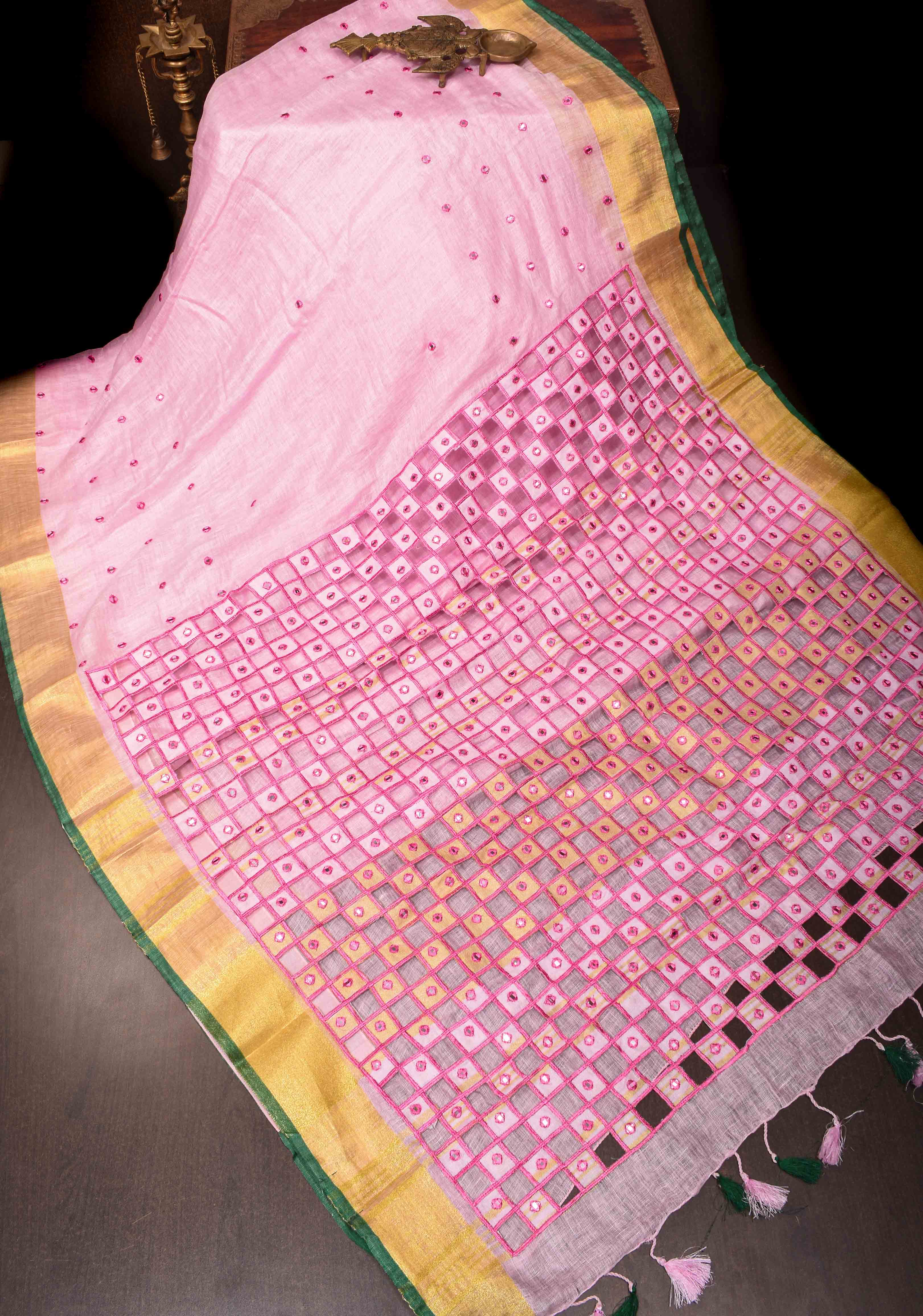 Jaali Pallu - Linen by Linen Cutwork and Mirrorwork Saree in Baby Pink and Zari Border | Shobitam