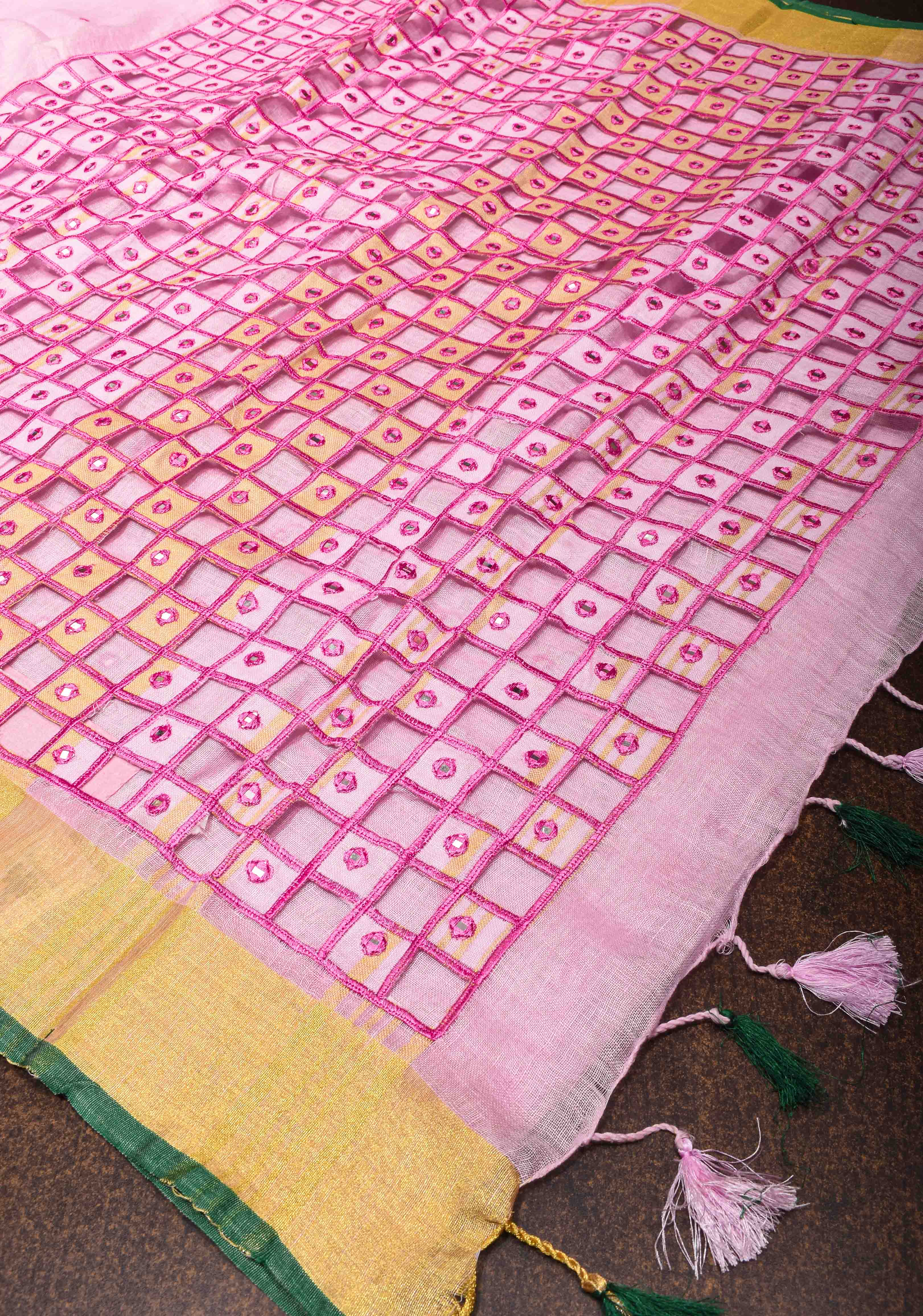 Jaali Pallu - Linen by Linen Cutwork and Mirrorwork Saree in Baby Pink and Zari Border | Shobitam