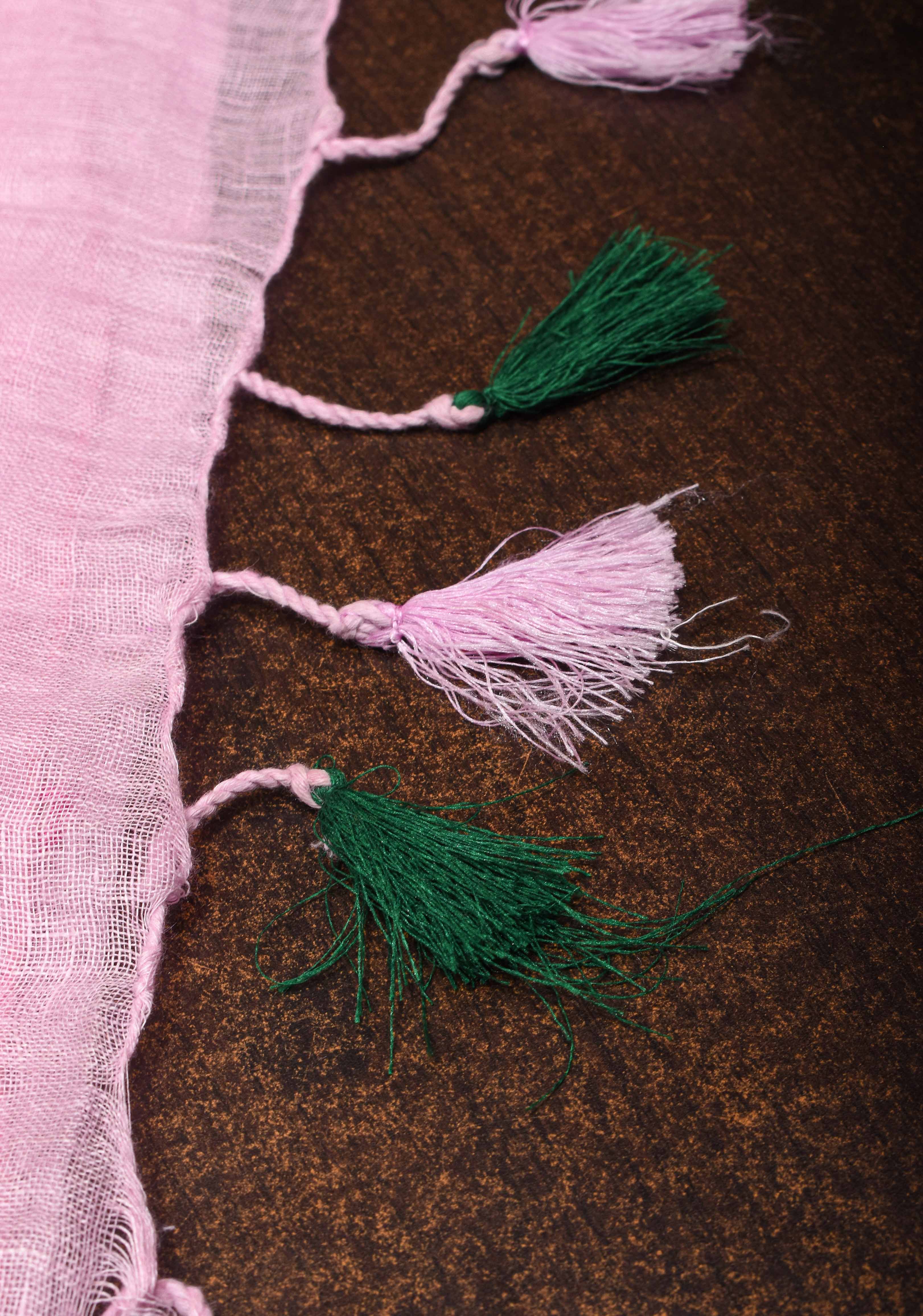 Jaali Pallu - Linen by Linen Cutwork and Mirrorwork Saree in Baby Pink and Zari Border | Shobitam