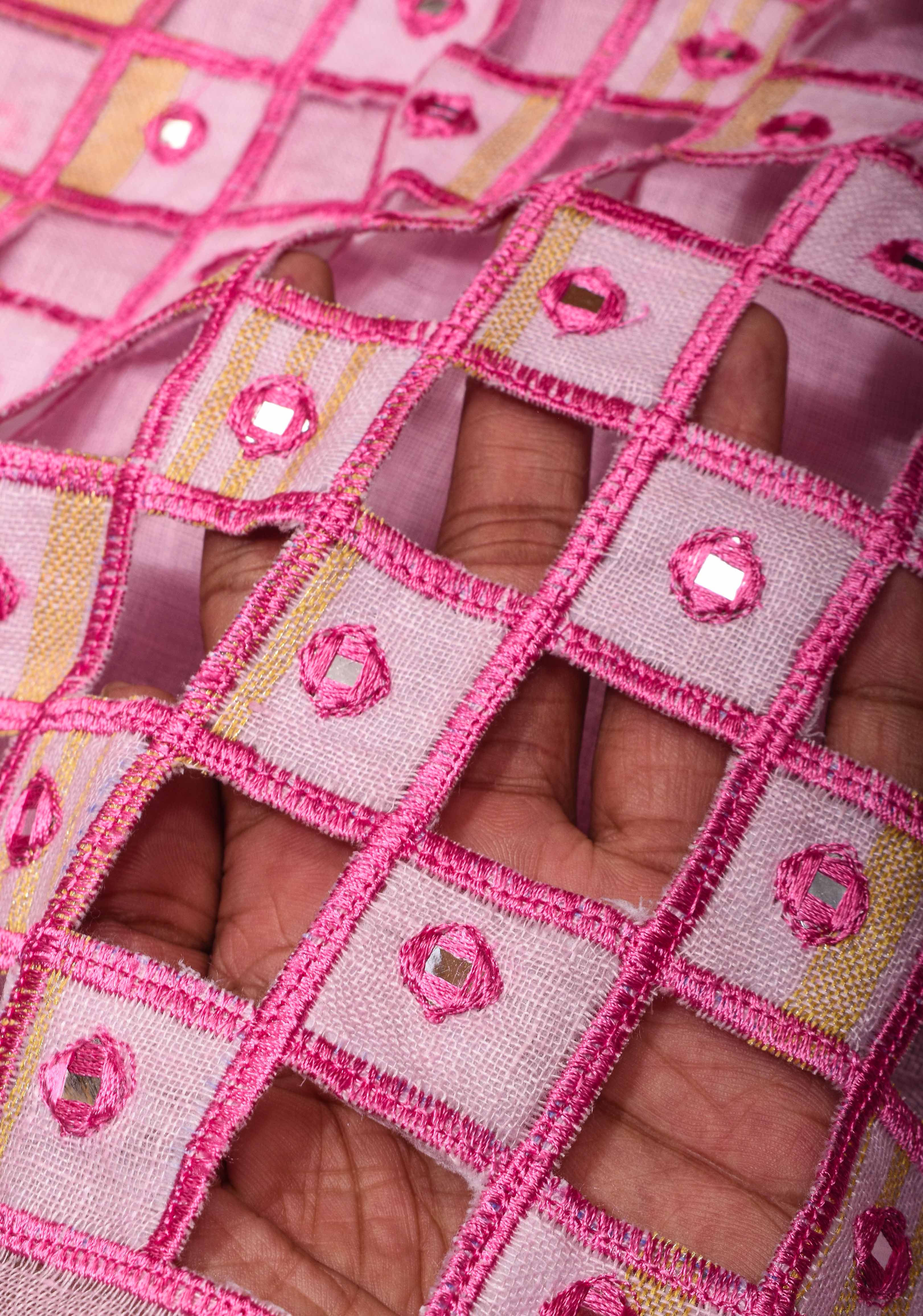 Jaali Pallu - Linen by Linen Cutwork and Mirrorwork Saree in Baby Pink and Zari Border | Shobitam